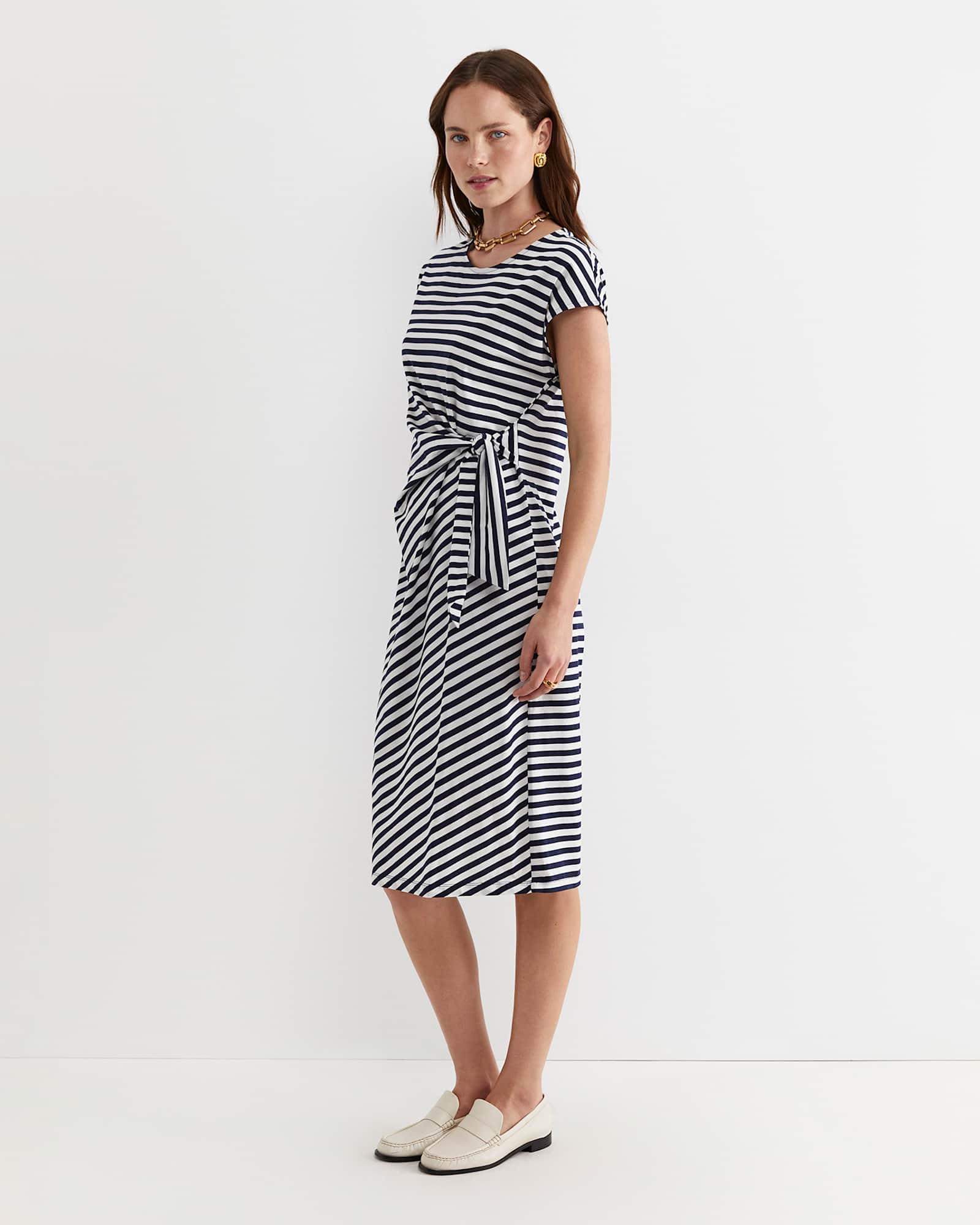 Tie Mercerised Cotton Jersey Dress in WHITE/NAVY
