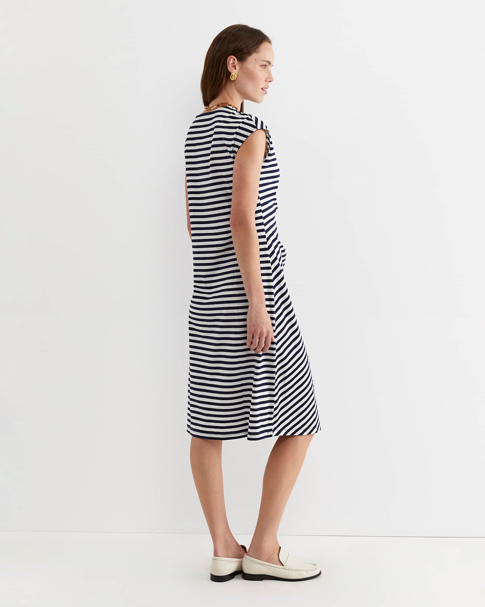 Tie Mercerised Cotton Jersey Dress in WHITE/NAVY