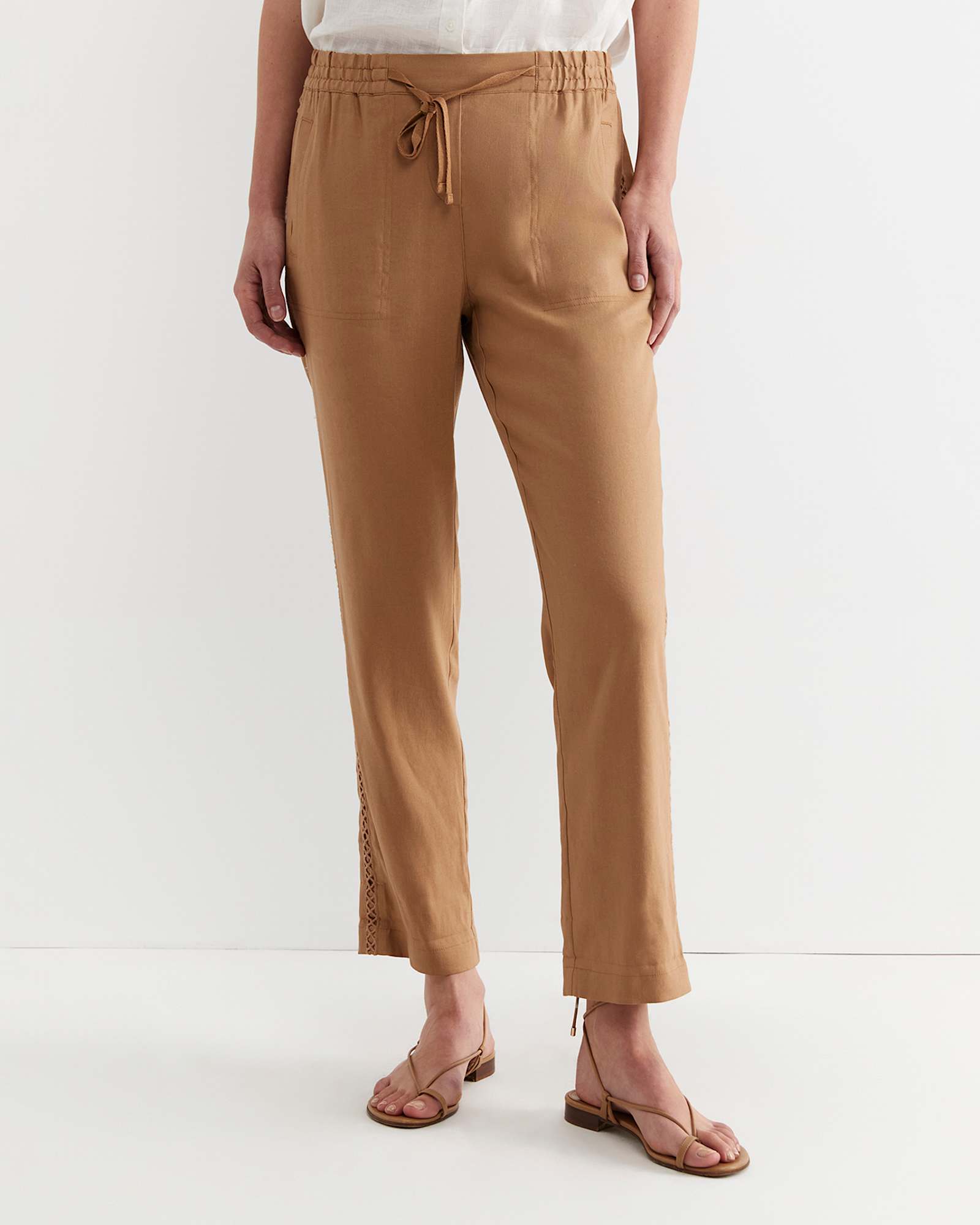 Rosa Lace Trim Linen Pant in TAN