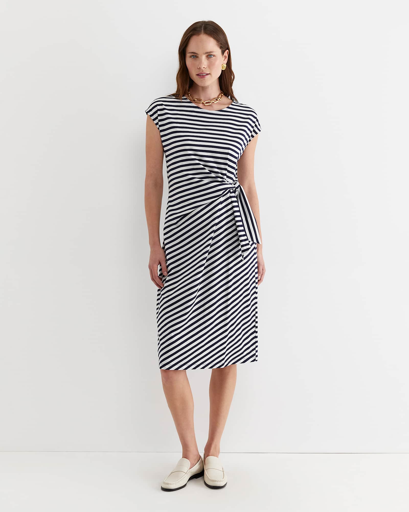 Tie Mercerised Cotton Jersey Dress in WHITE/NAVY