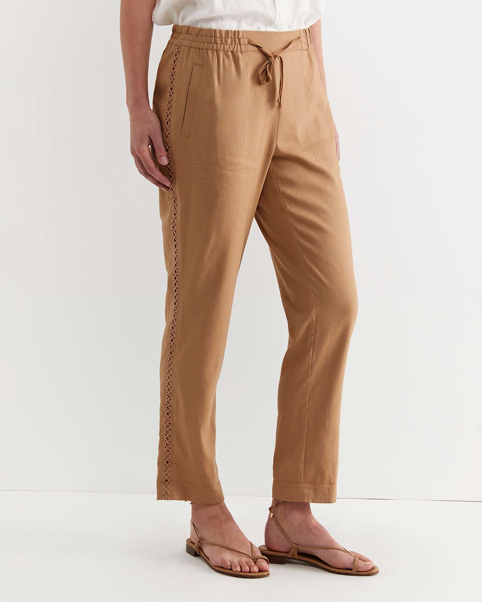 Rosa Lace Trim Linen Pant in TAN