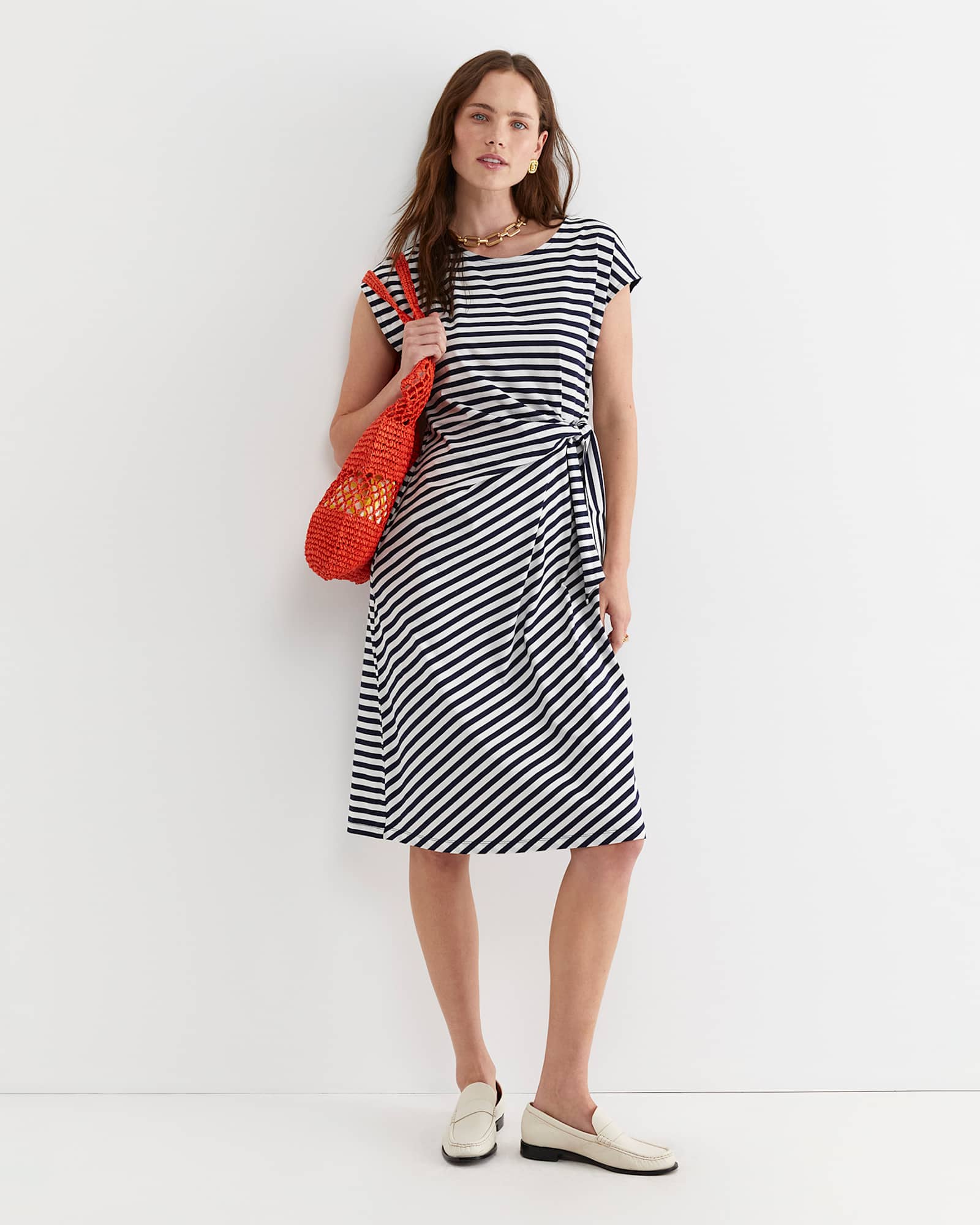 Tie Mercerised Cotton Jersey Dress in WHITE/NAVY