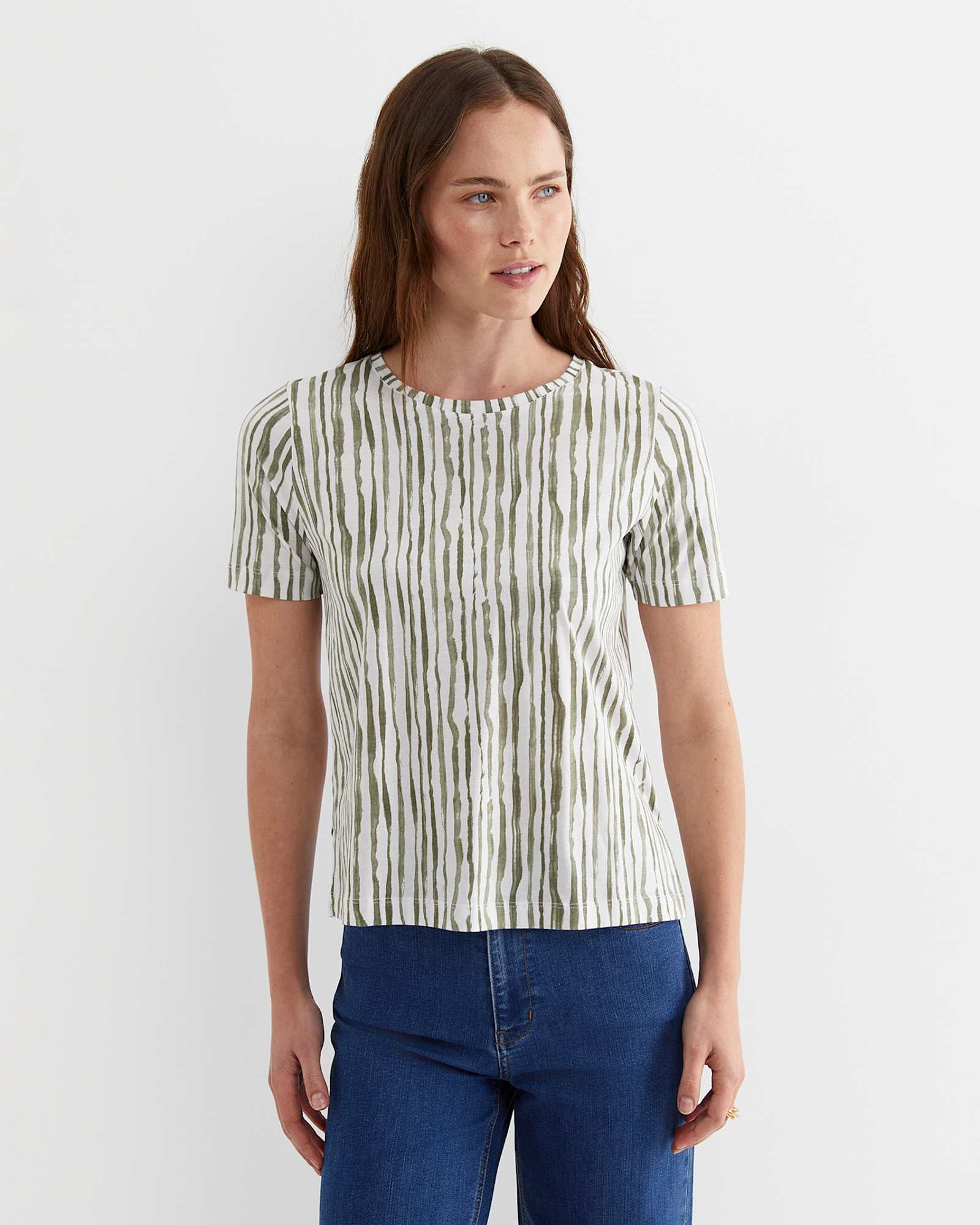 Tina Stripe Mercerised Tee in WHITE/KHAKI
