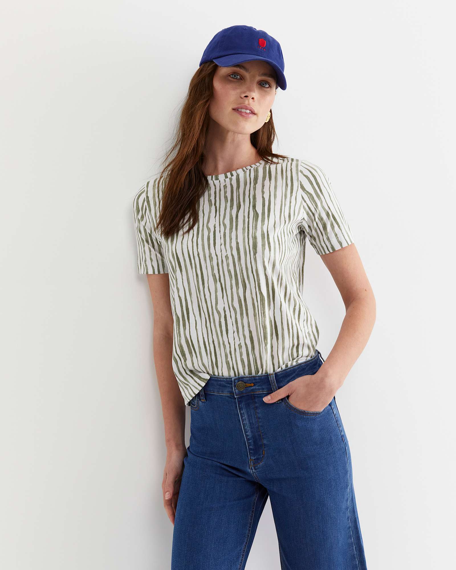 Tina Stripe Mercerised Tee in WHITE/KHAKI