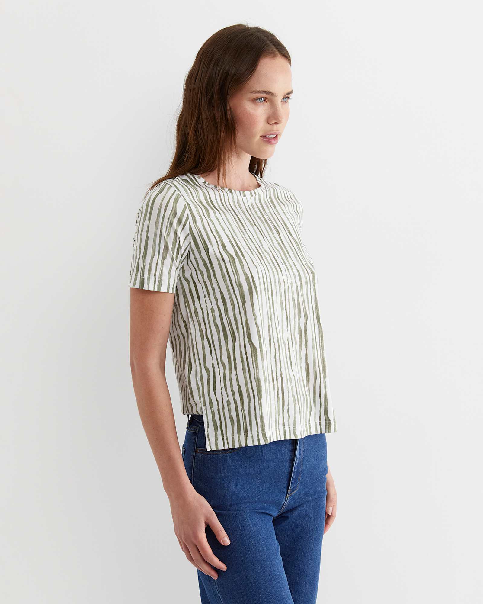 Tina Stripe Mercerised Tee in WHITE/KHAKI