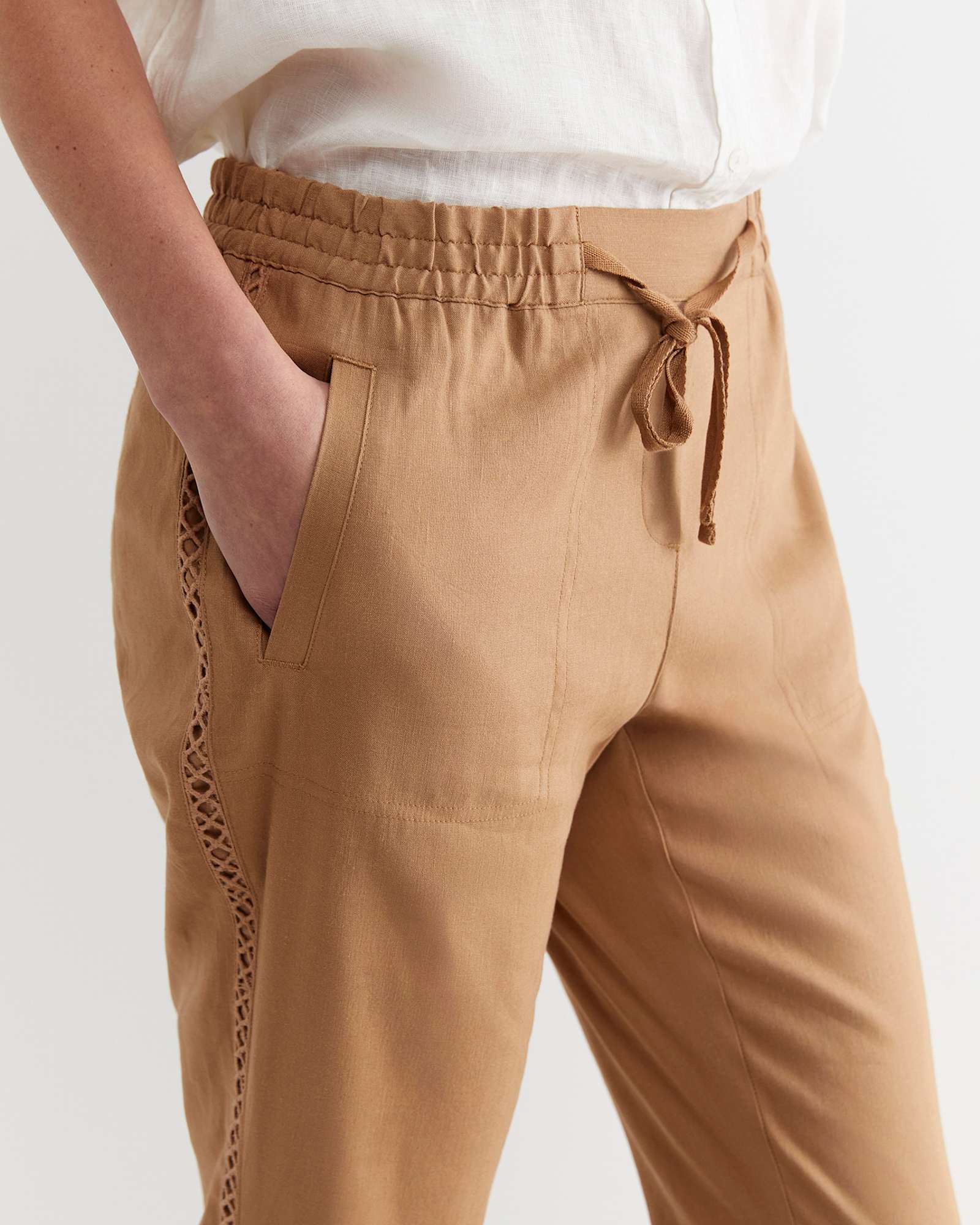 Rosa Lace Trim Linen Pant in TAN