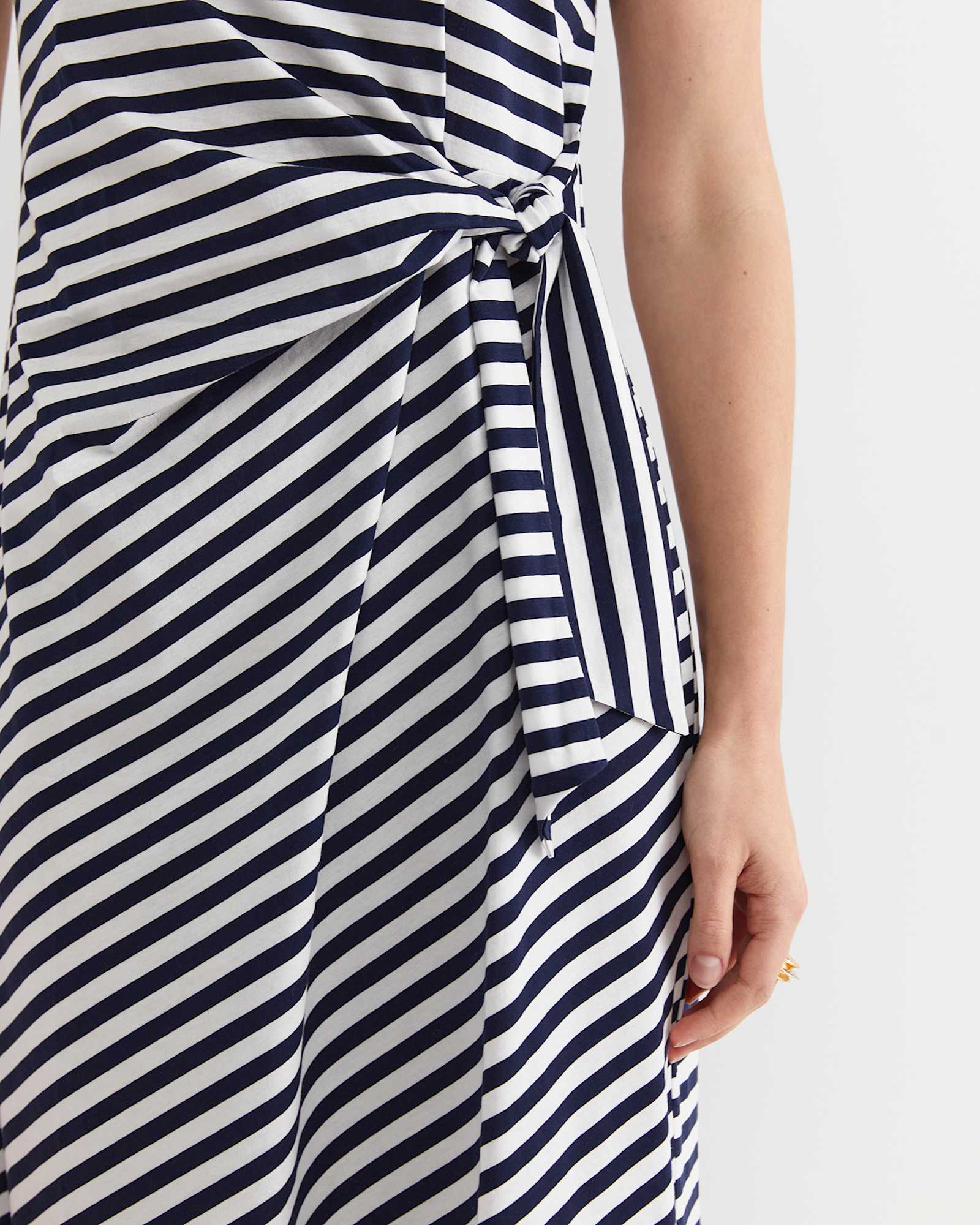 Tie Mercerised Cotton Jersey Dress in WHITE/NAVY