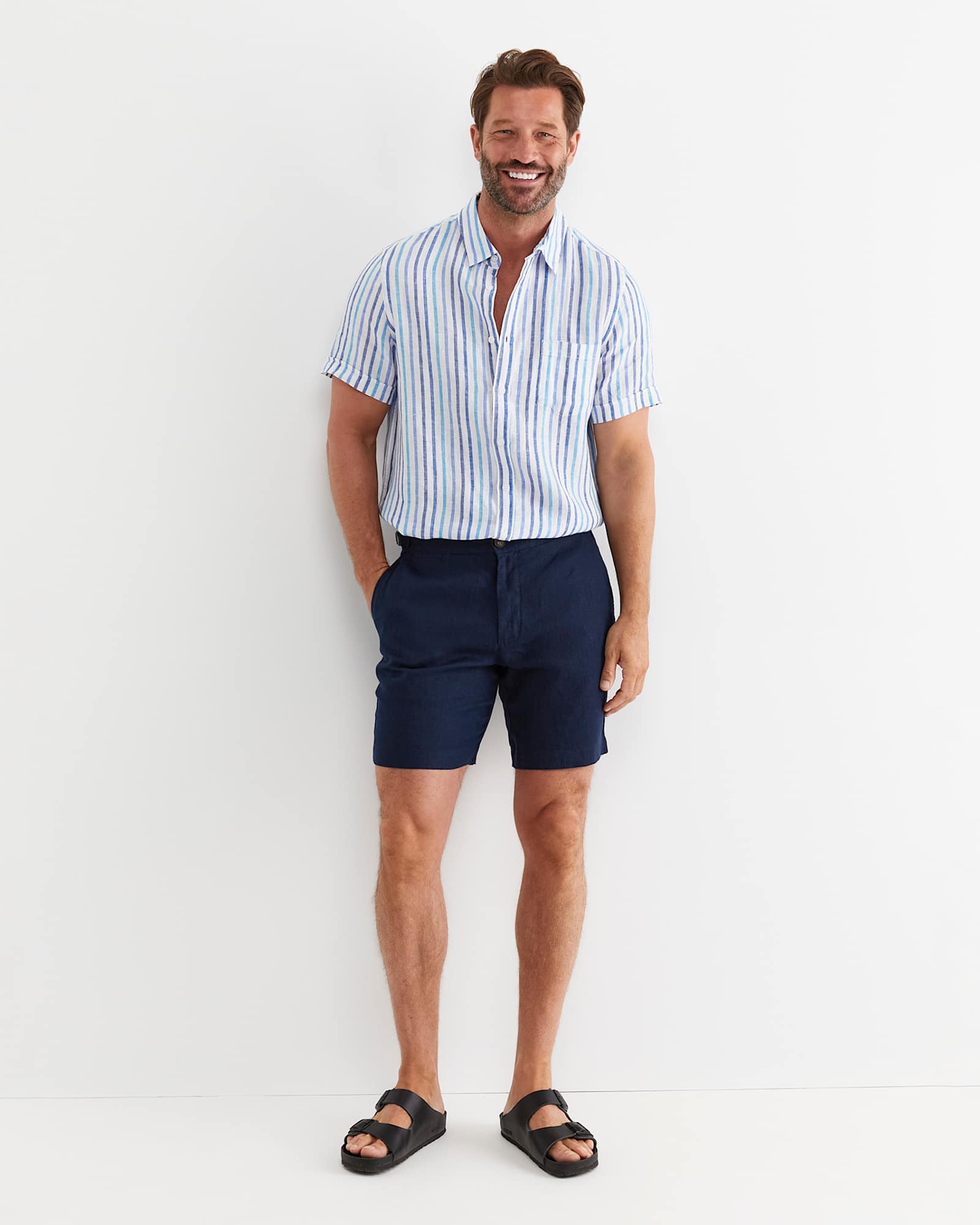 Fenton Short Sleeve Stripe Linen Shirt in BLUE MULTI