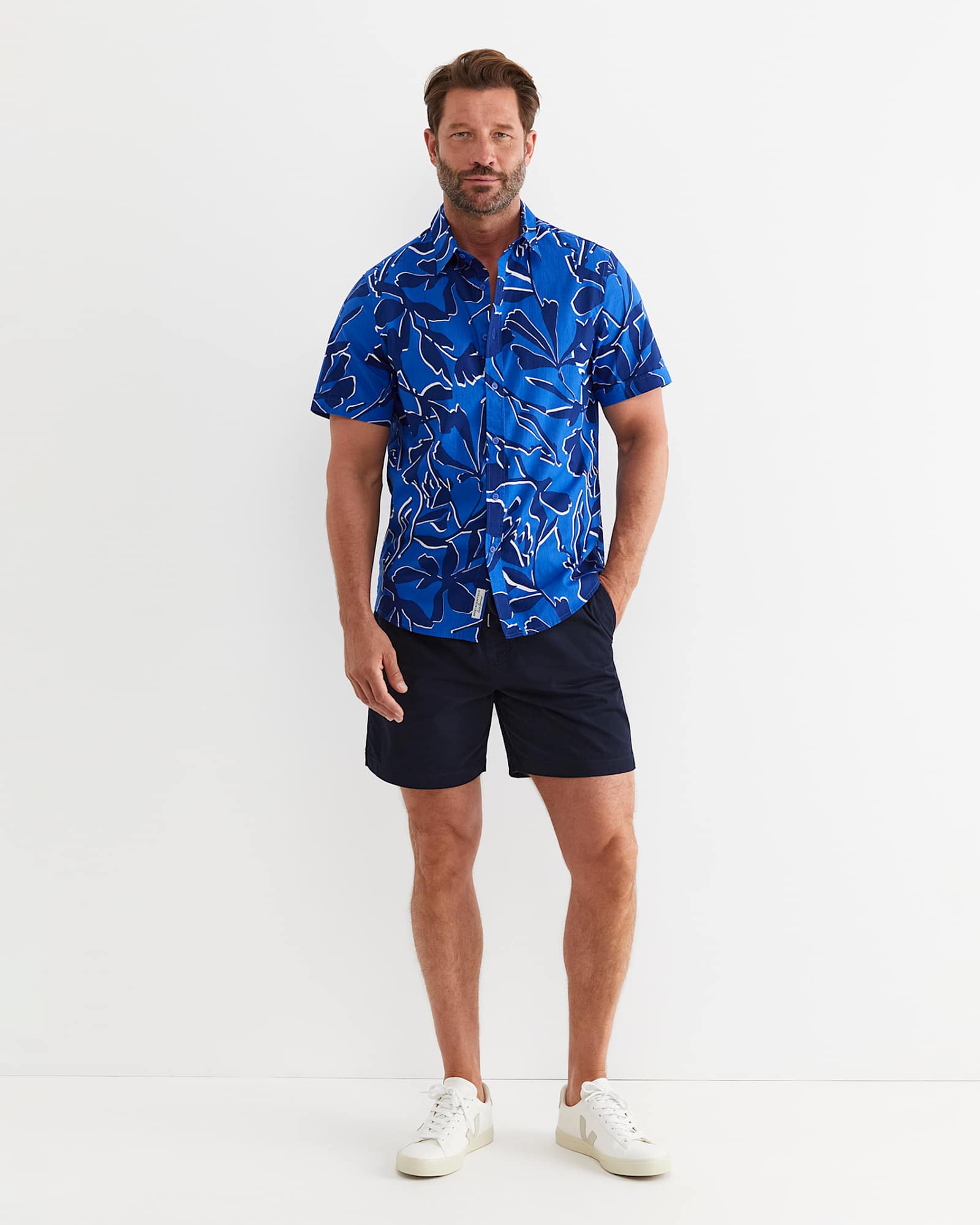 Marks Short Sleeve Cotton Shirt in NAVY MULTI