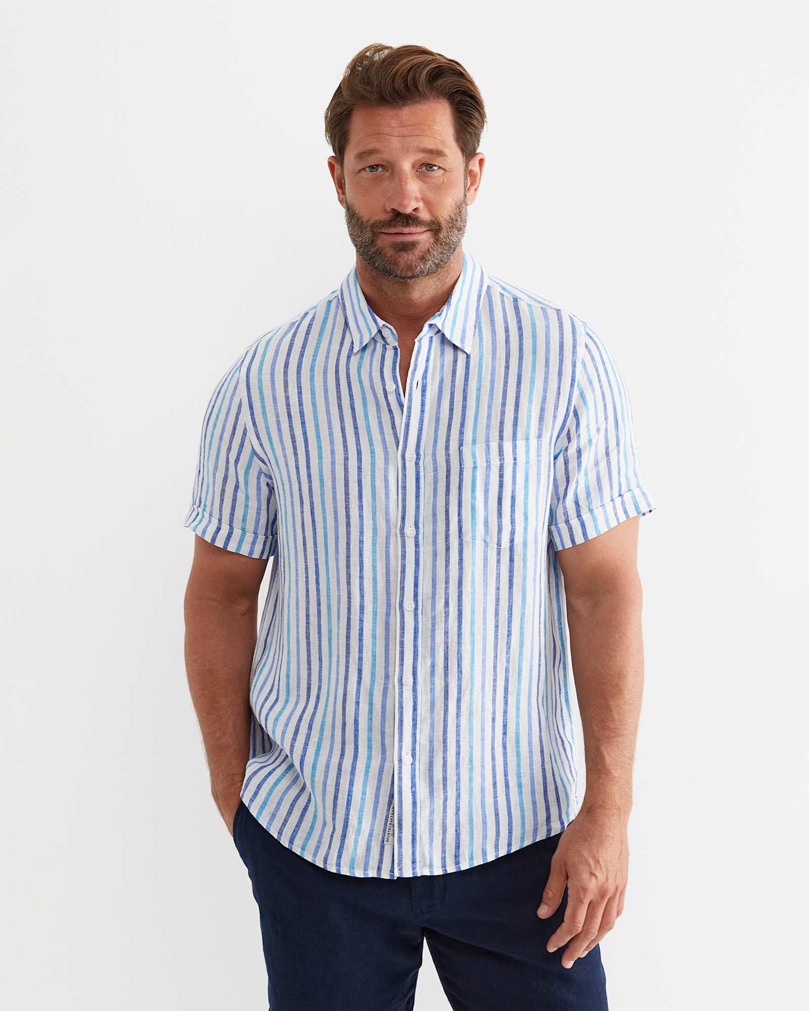 Fenton Short Sleeve Stripe Linen Shirt in BLUE MULTI