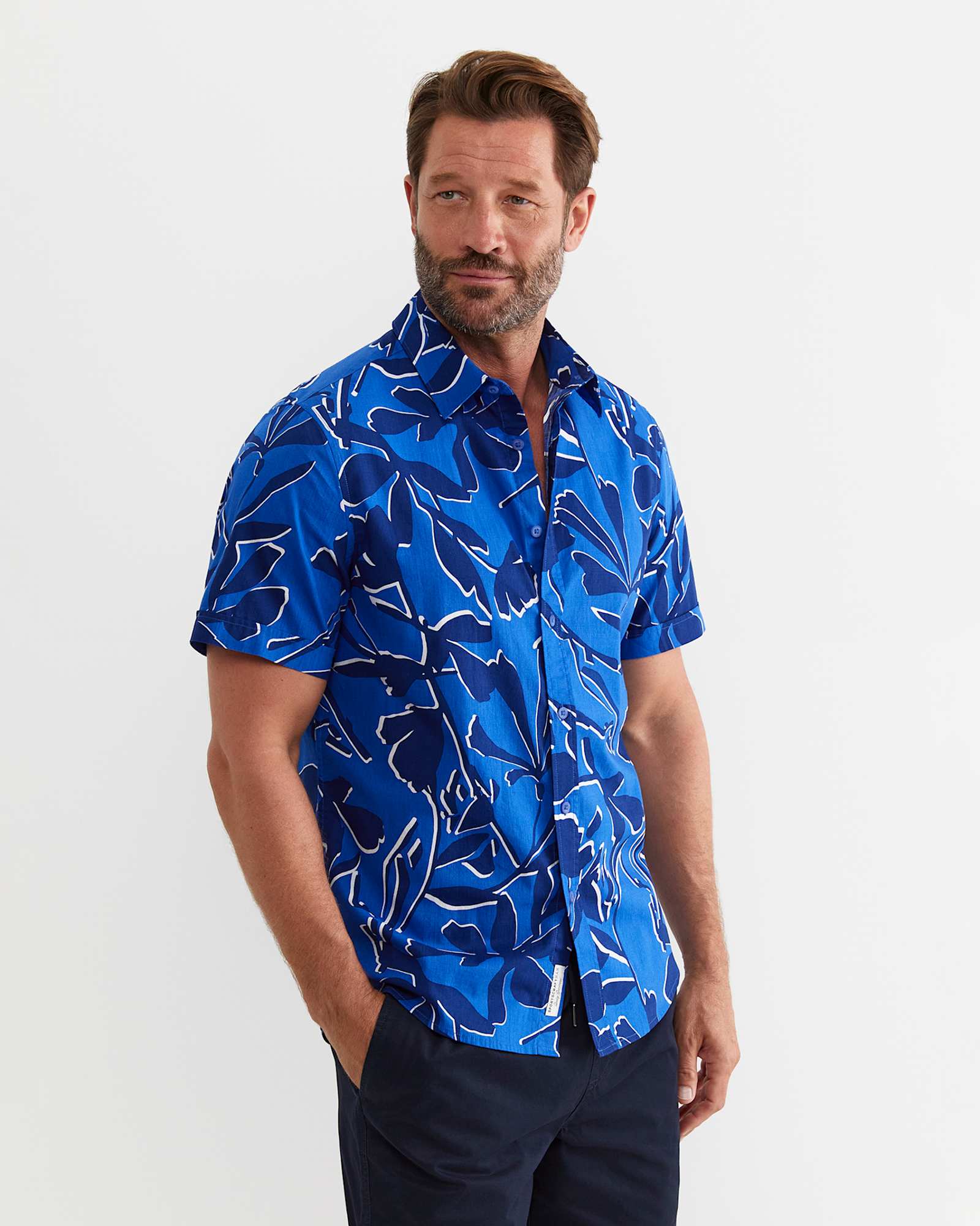 Marks Short Sleeve Cotton Shirt in NAVY MULTI