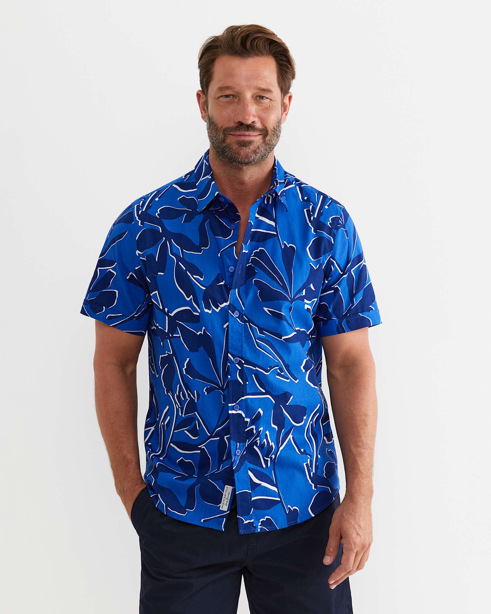 Marks Short Sleeve Cotton Shirt in NAVY MULTI