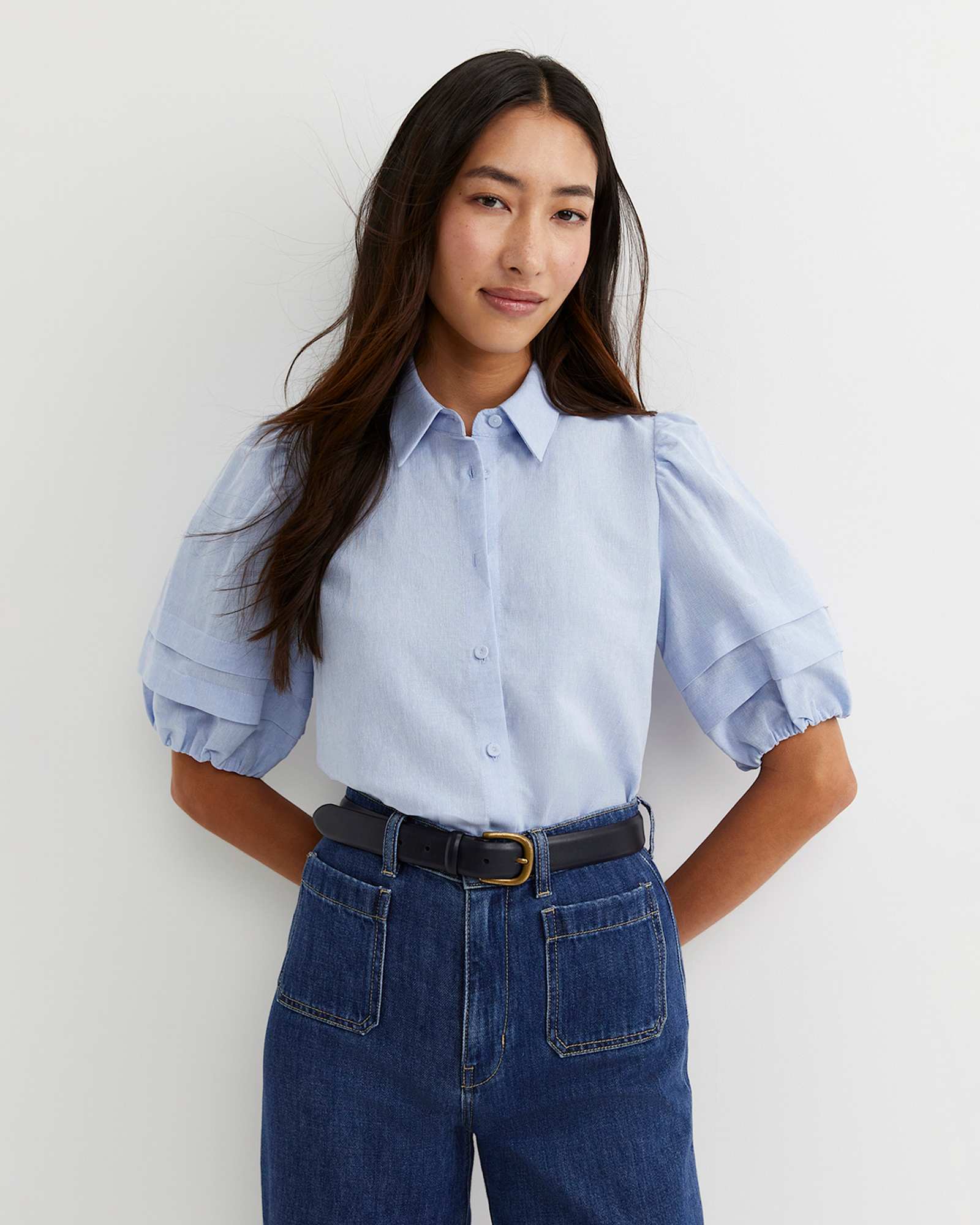 Lillian Lantern Sleeve Blouse in PALE BLUE