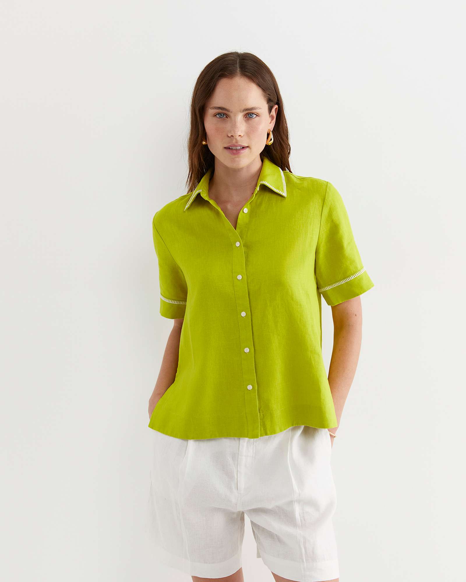 Lulu Blanket Stitch Linen Shirt in CELERY