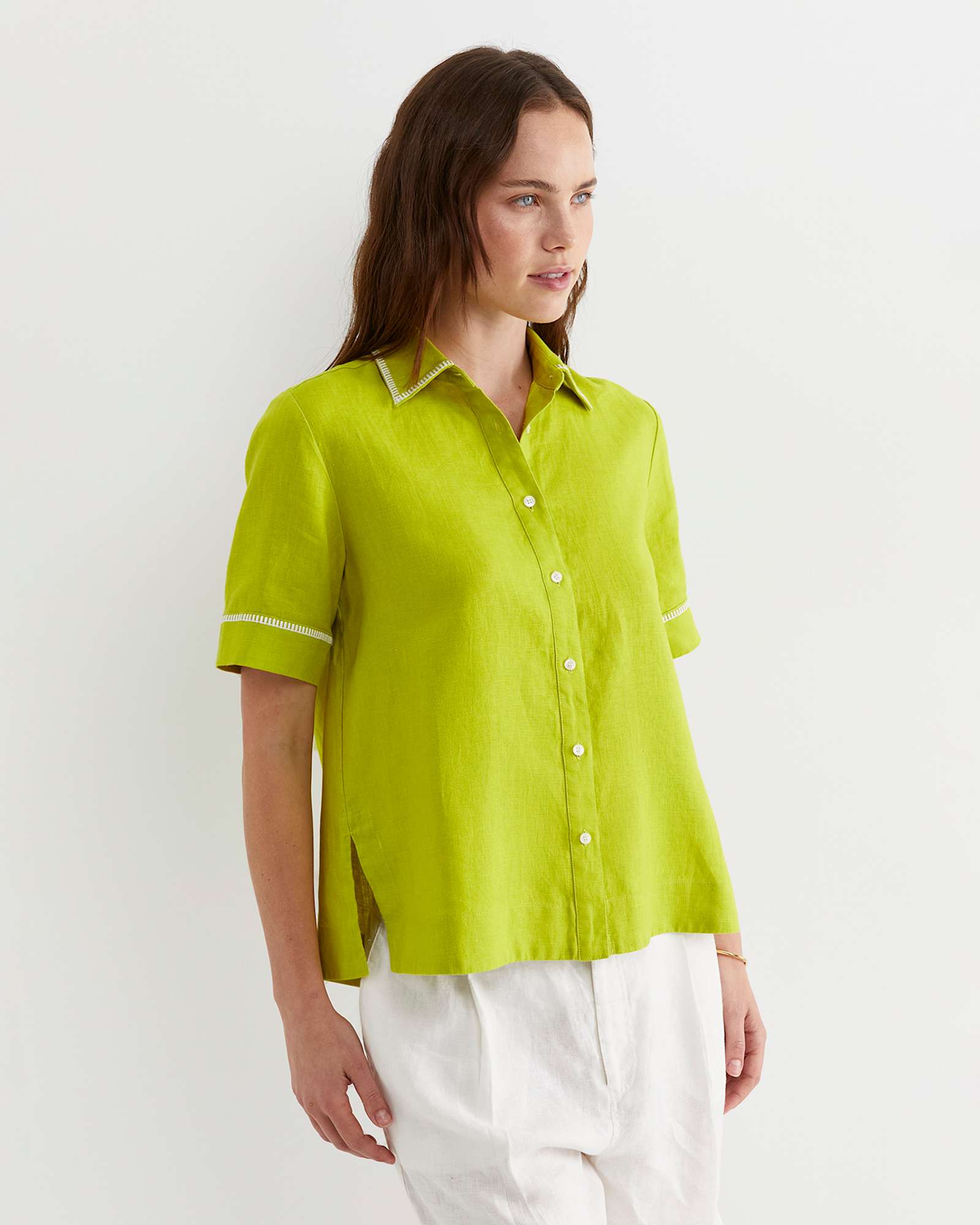Lulu Blanket Stitch Linen Shirt in CELERY