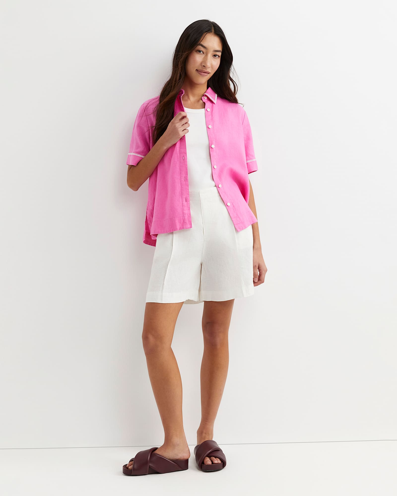 Lulu Blanket Stitch Linen Shirt in STRAWBERRY