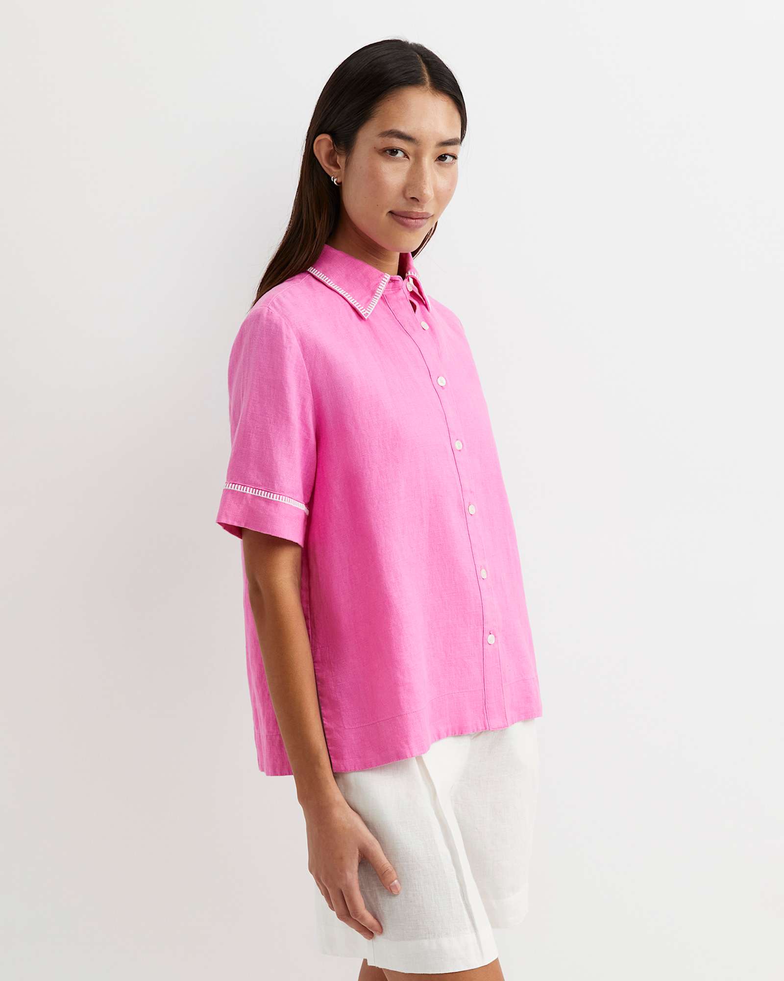 Lulu Blanket Stitch Linen Shirt in STRAWBERRY