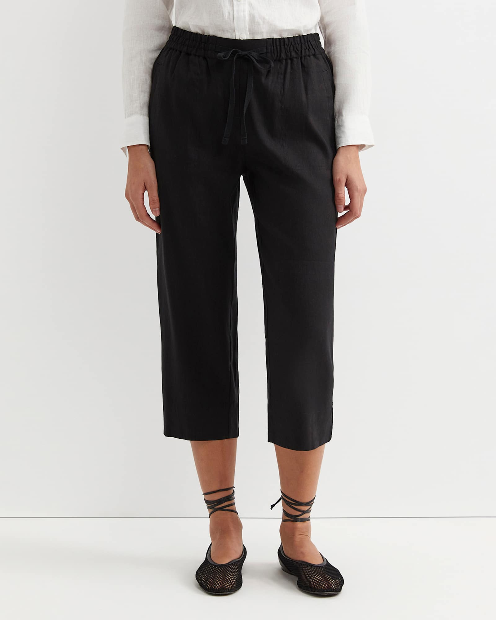 Rosa Bead Trim Crop Linen Pant in BLACK
