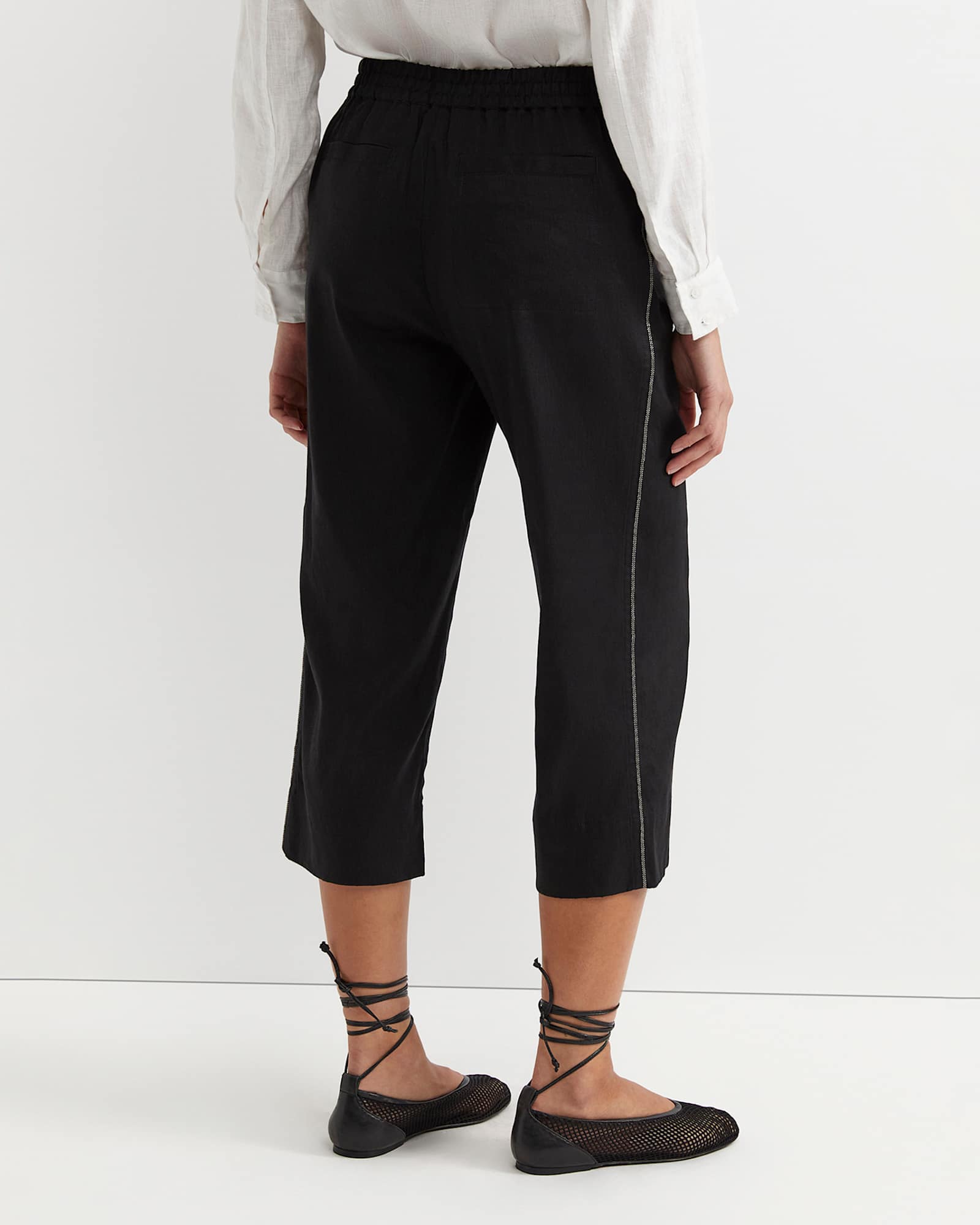 Rosa Bead Trim Crop Linen Pant in BLACK
