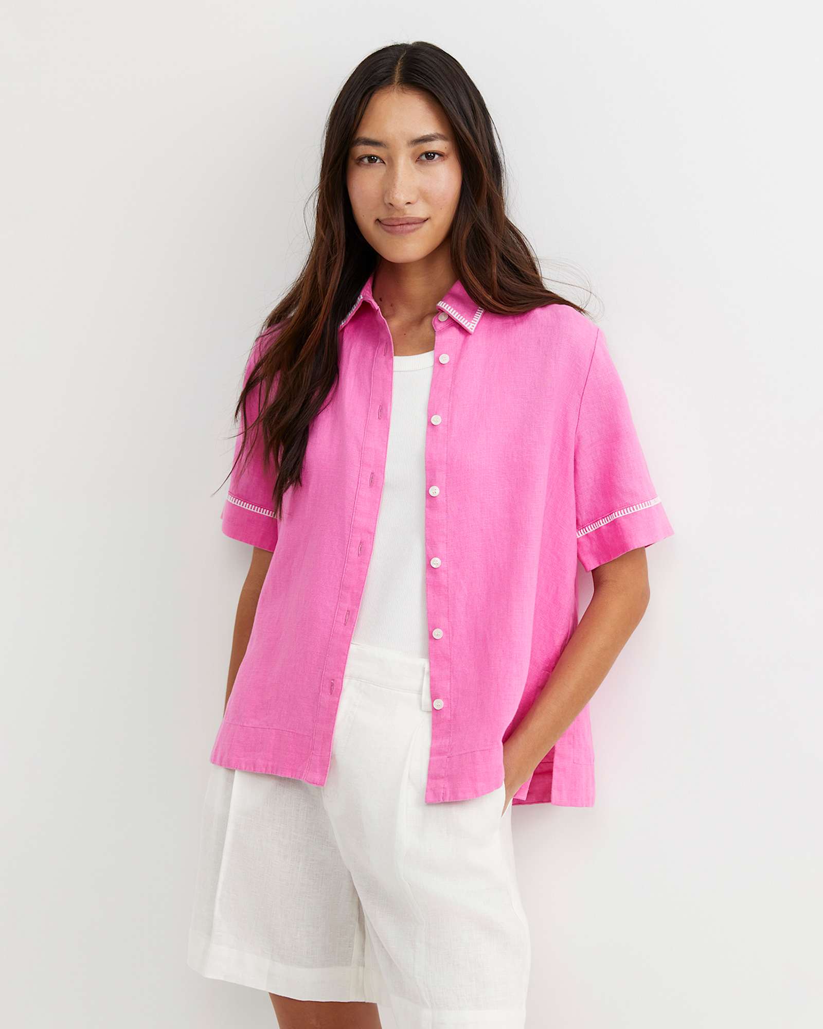Lulu Blanket Stitch Linen Shirt in STRAWBERRY