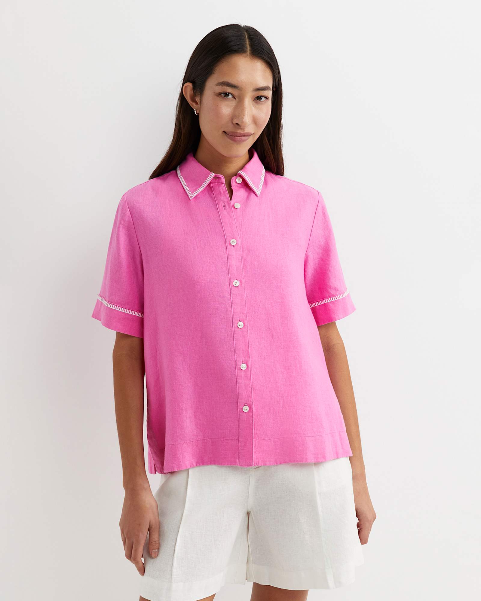 Lulu Blanket Stitch Linen Shirt in STRAWBERRY