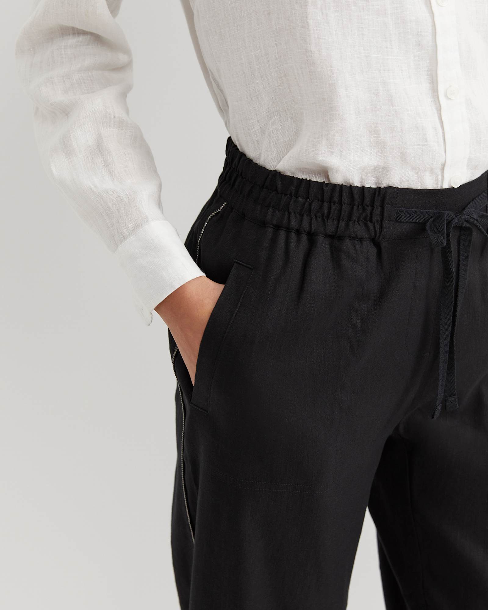 Rosa Bead Trim Crop Linen Pant in BLACK