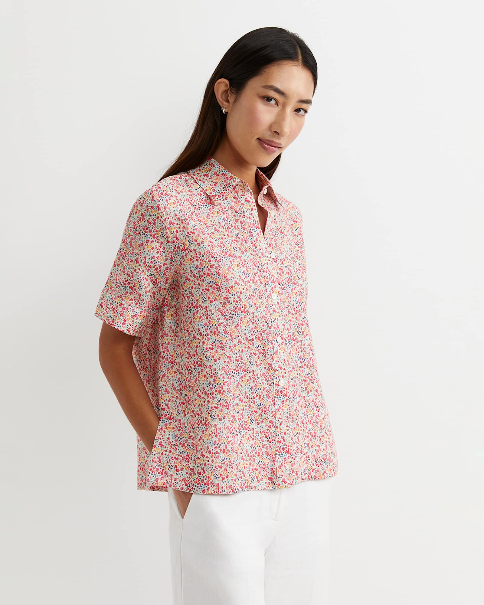 Phoebe Short Sleeve Liberty Linen Shirt in RED MULTI