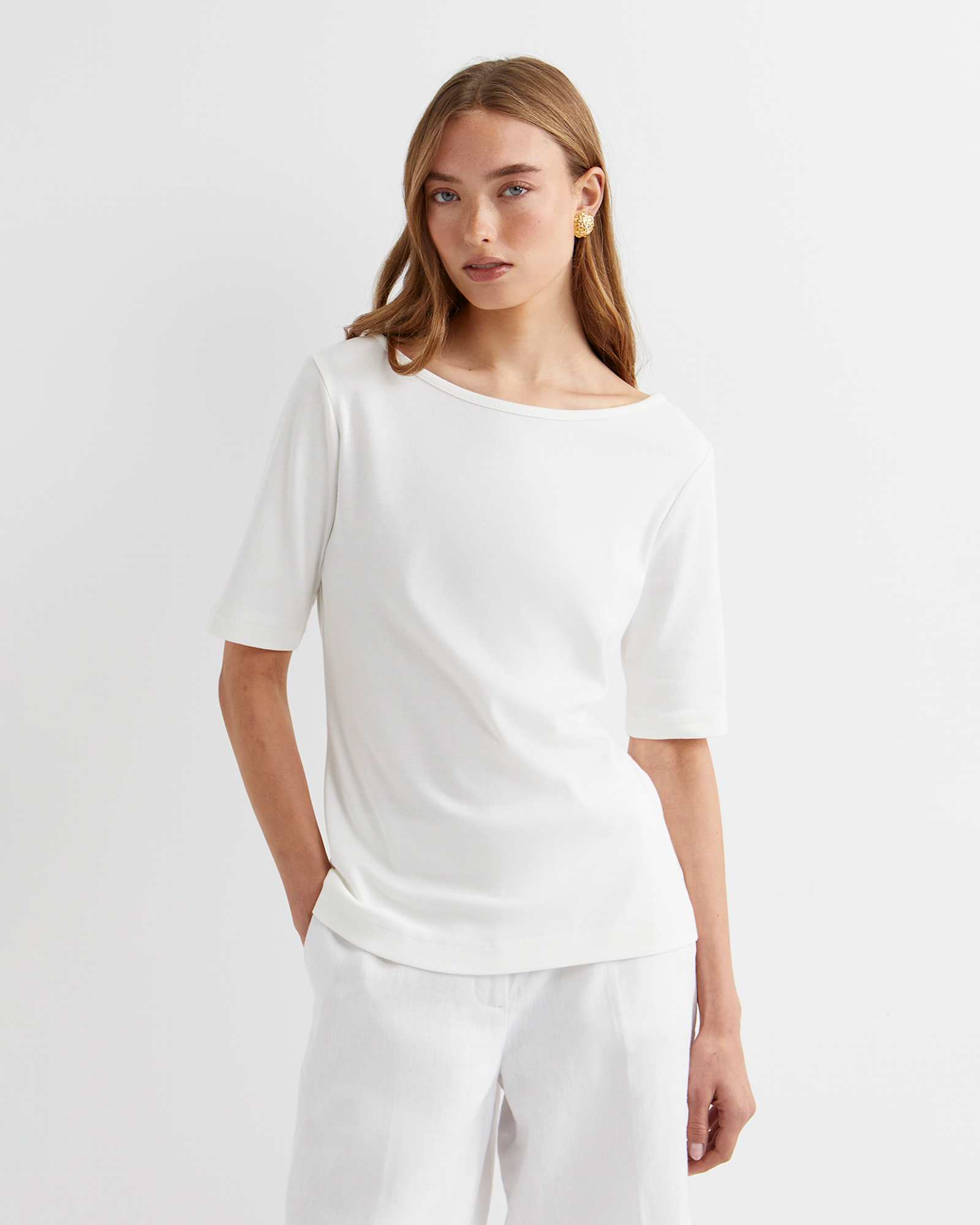 Heidi Boat Neck Half Sleeve Tee in WHITE