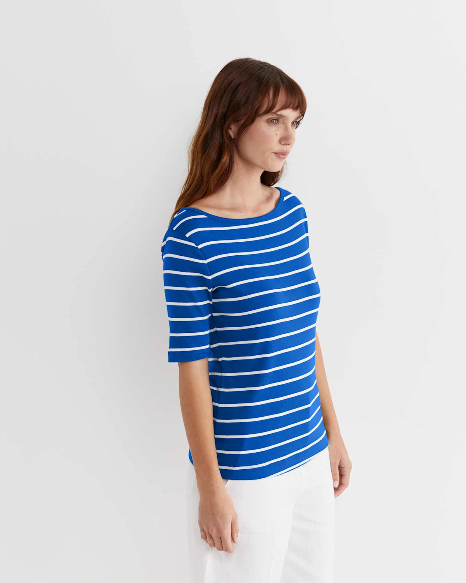 Heidi Boat Neck Half Sleeve Tee in BLUE/WHITE