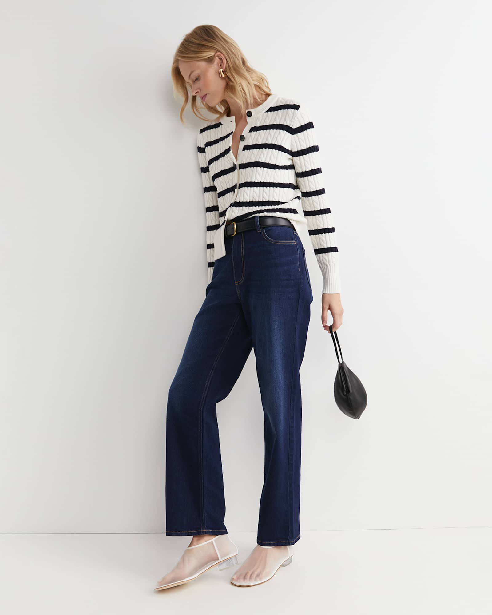 Cable Merino Cotton Cardigan in WHITE/NAVY