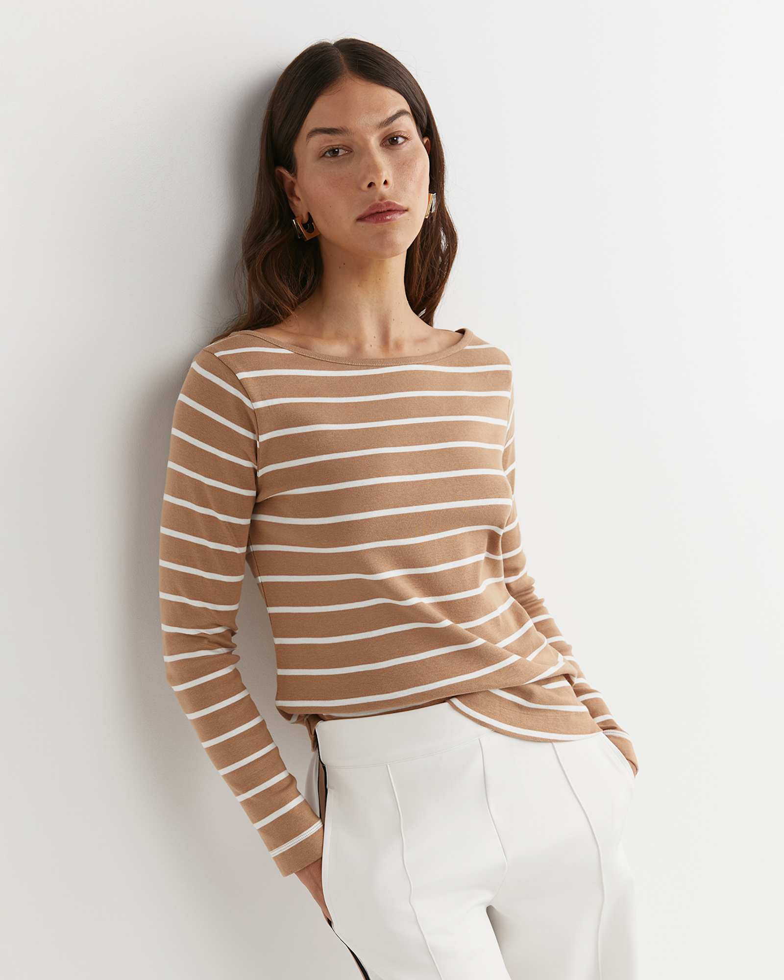 Heidi Long Sleeve Rib Tee in TAN/WHITE