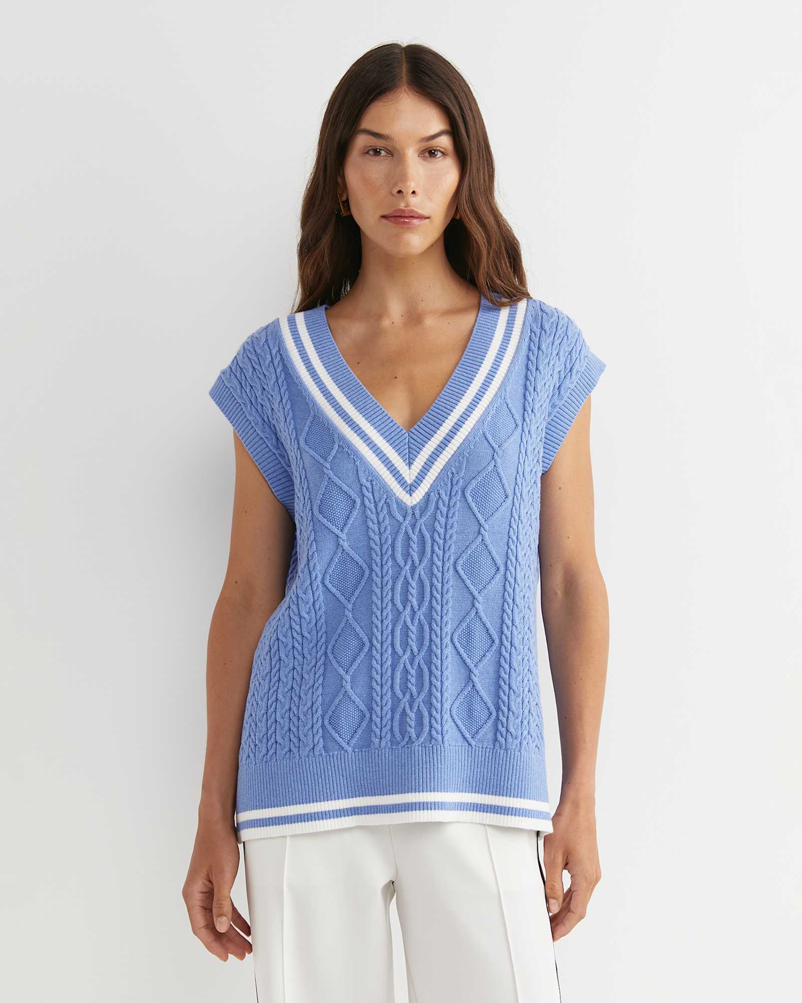 Elka Cable V-Neck Vest in BELLE BLUE