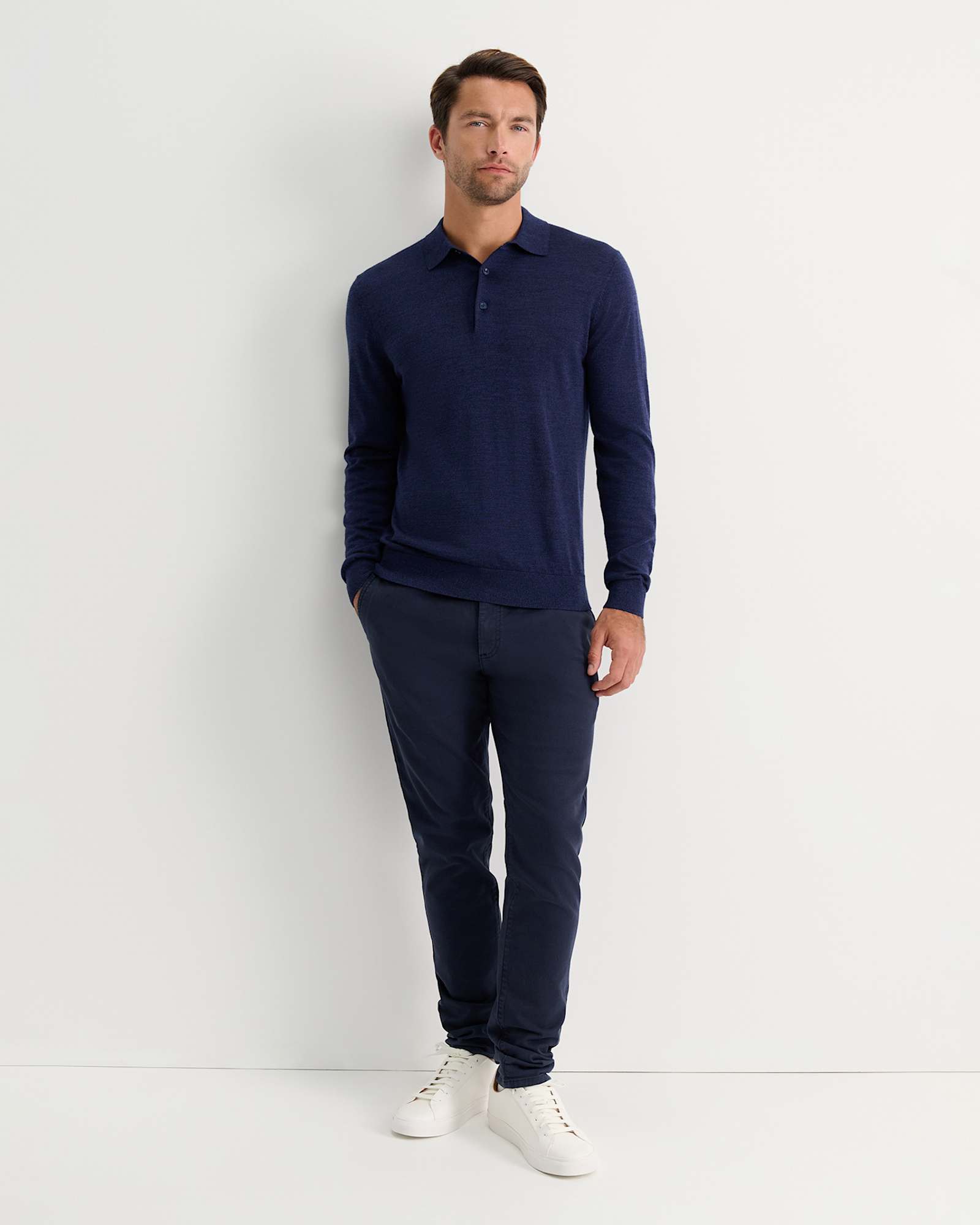 Long Sleeve Merino Knit Polo in NAVY