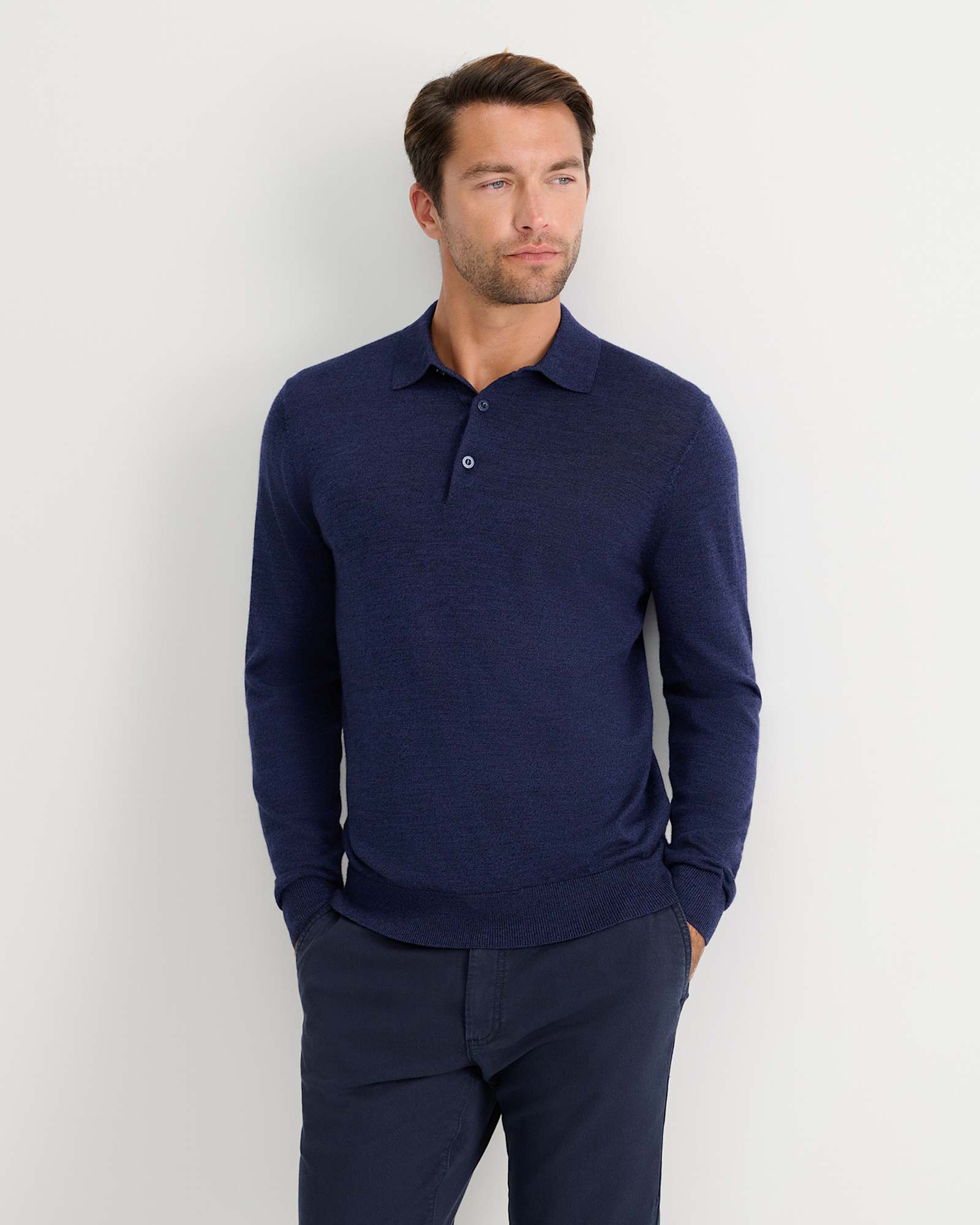 Long Sleeve Merino Knit Polo in NAVY