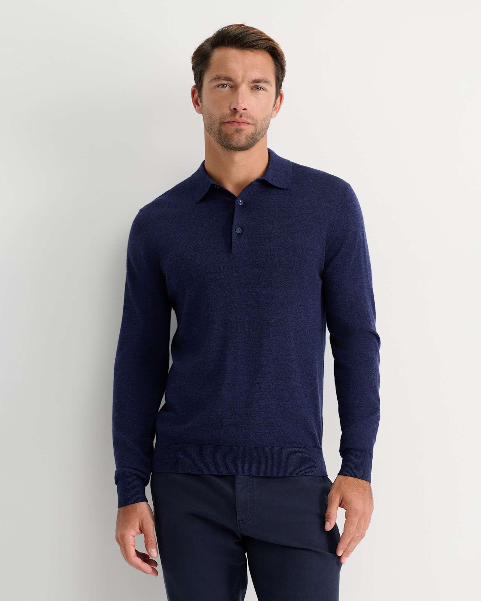 Long Sleeve Merino Knit Polo in NAVY