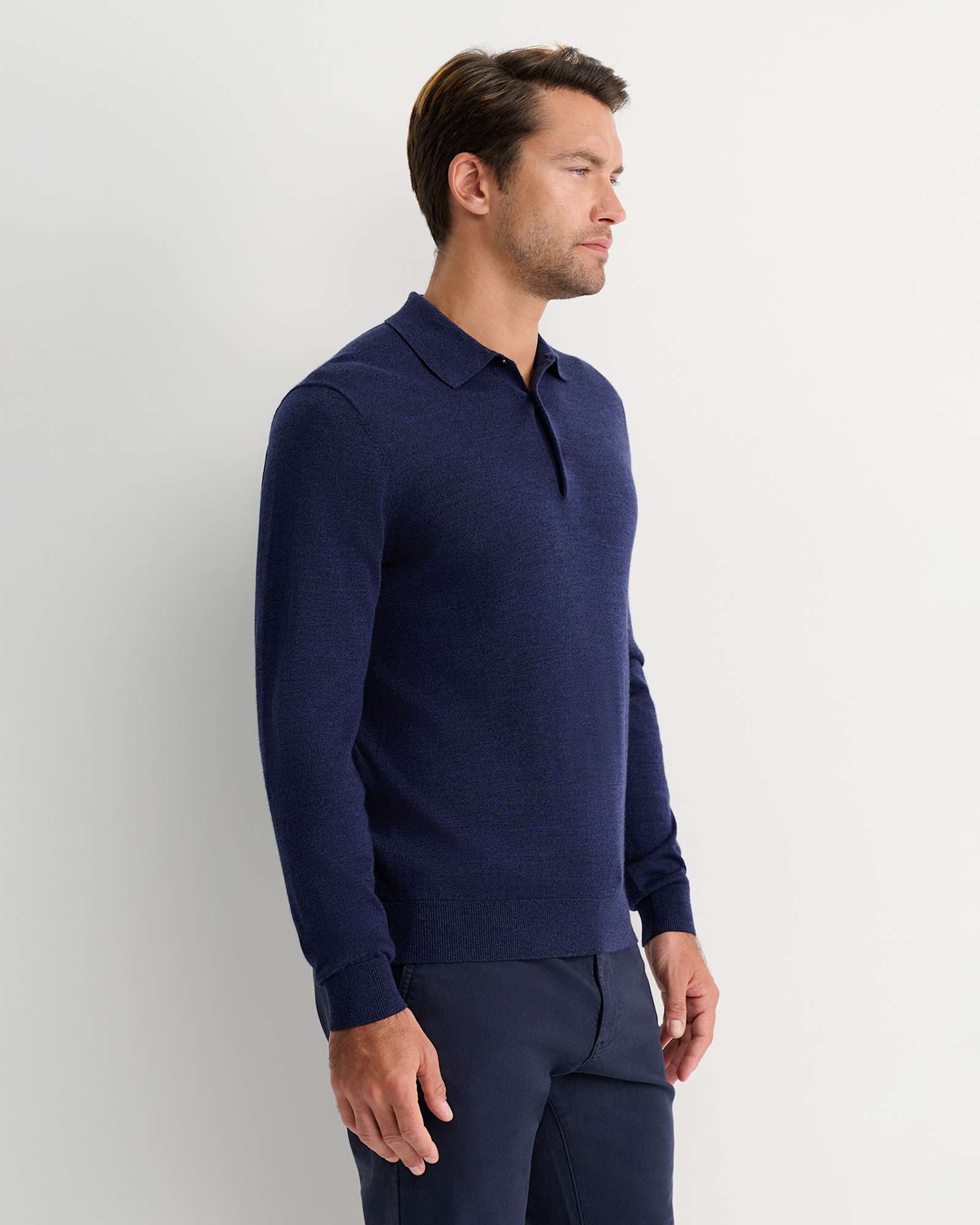 Long Sleeve Merino Knit Polo in NAVY