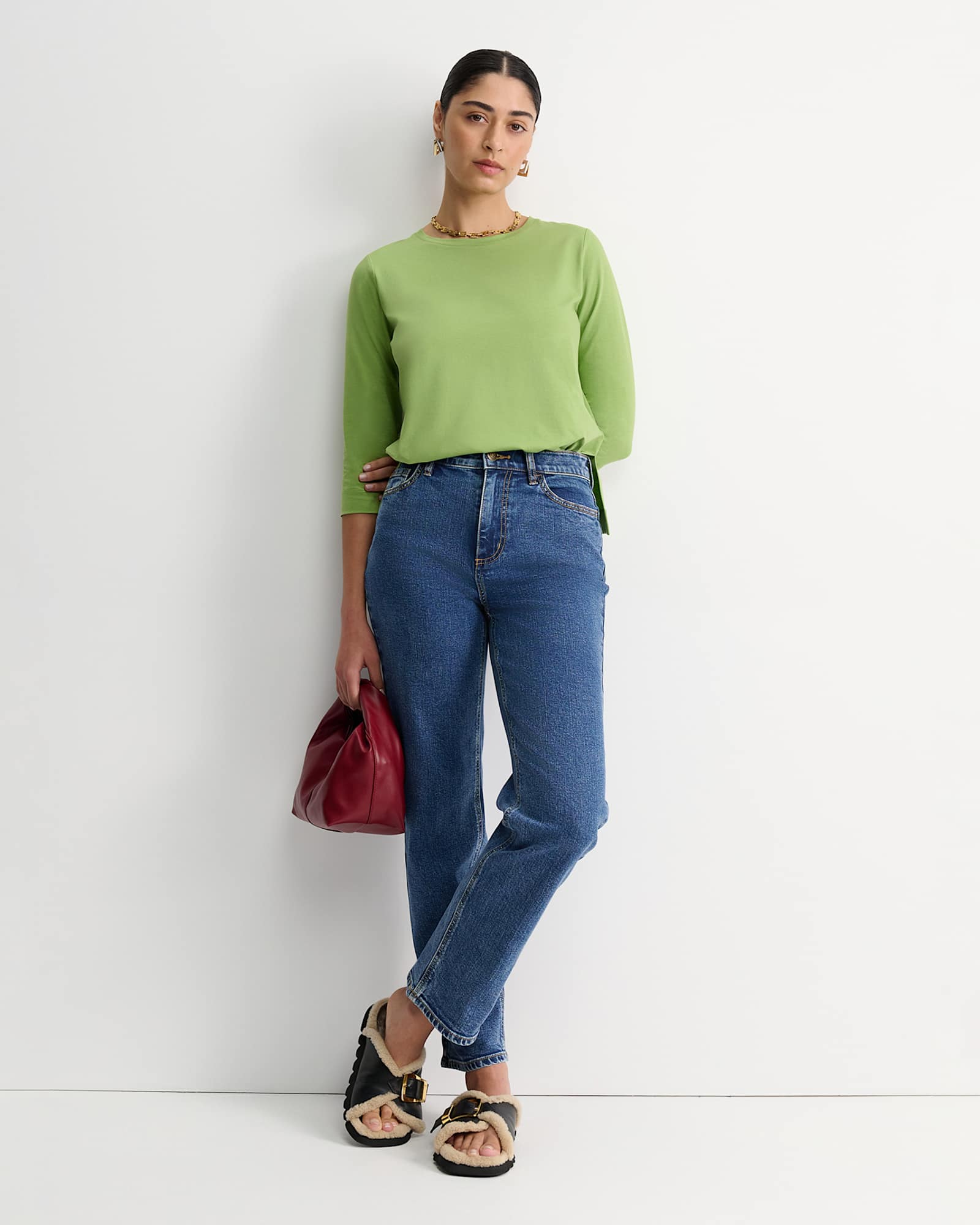 Mercerised Cotton 3/4 Sleeve Tee in AVOCADO