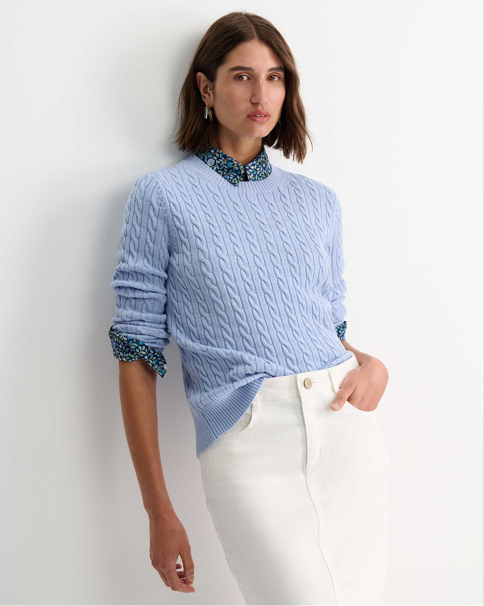 Merino Wool Baby Cable Sweater in PALE BLUE