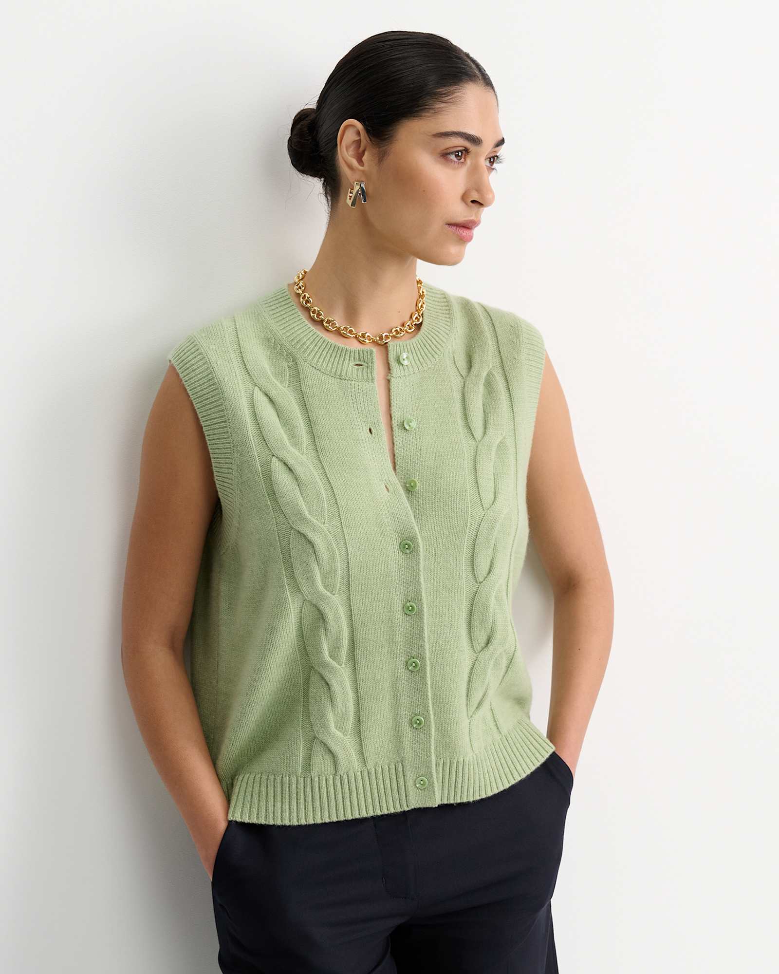 Pearl Chunky Cable Vest in AVOCADO