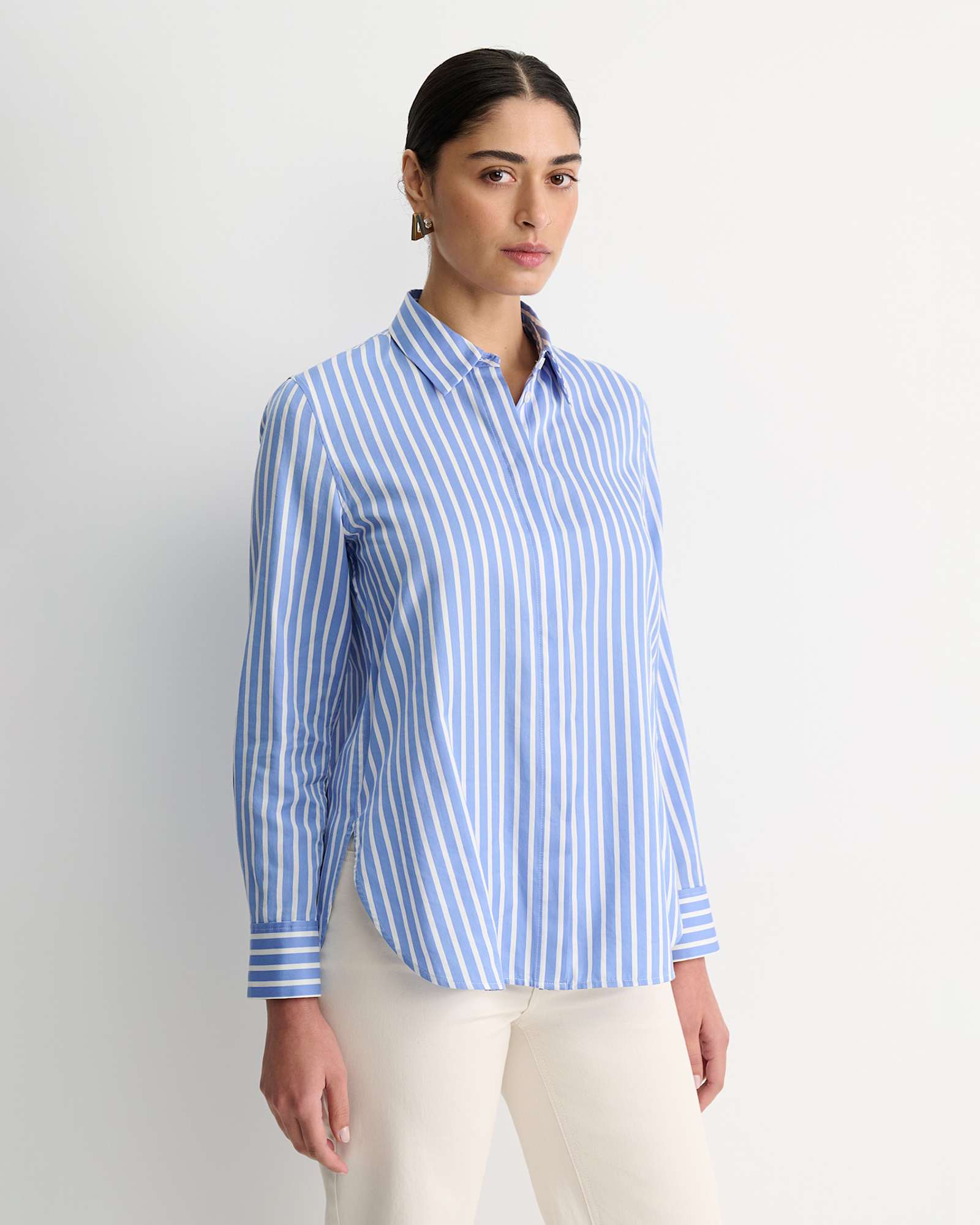 Hannah Stripe Cotton Silk Shirt in WHITE/BLUE
