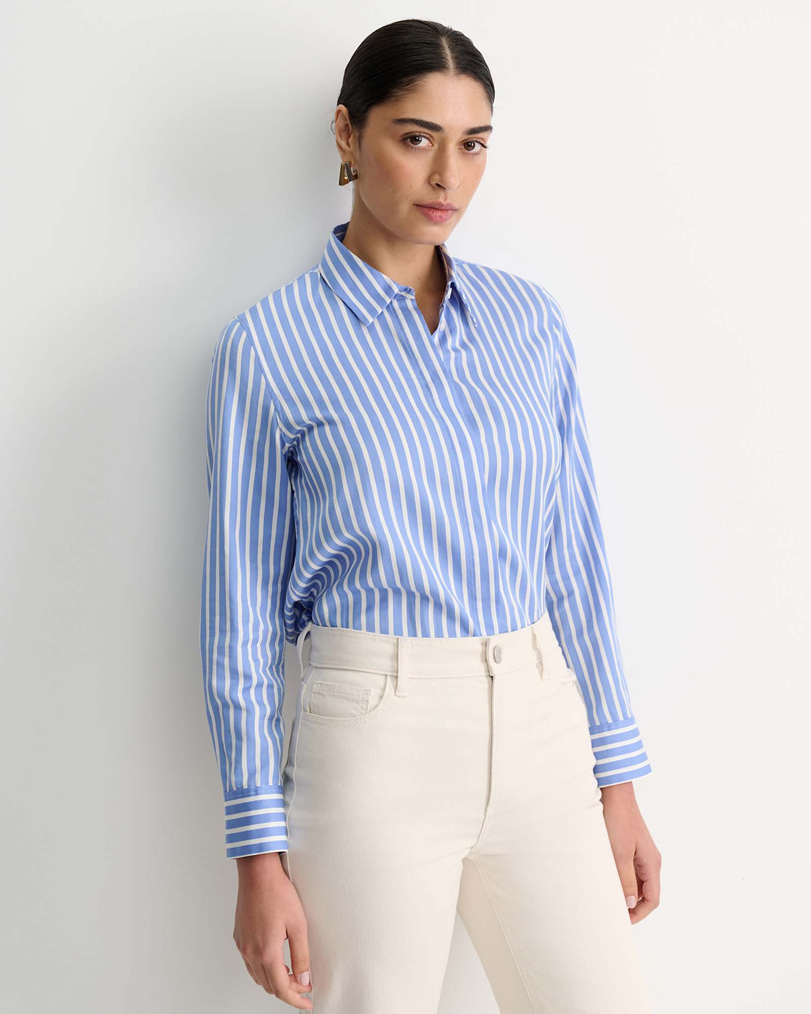 Hannah Stripe Cotton Silk Shirt in WHITE/BLUE