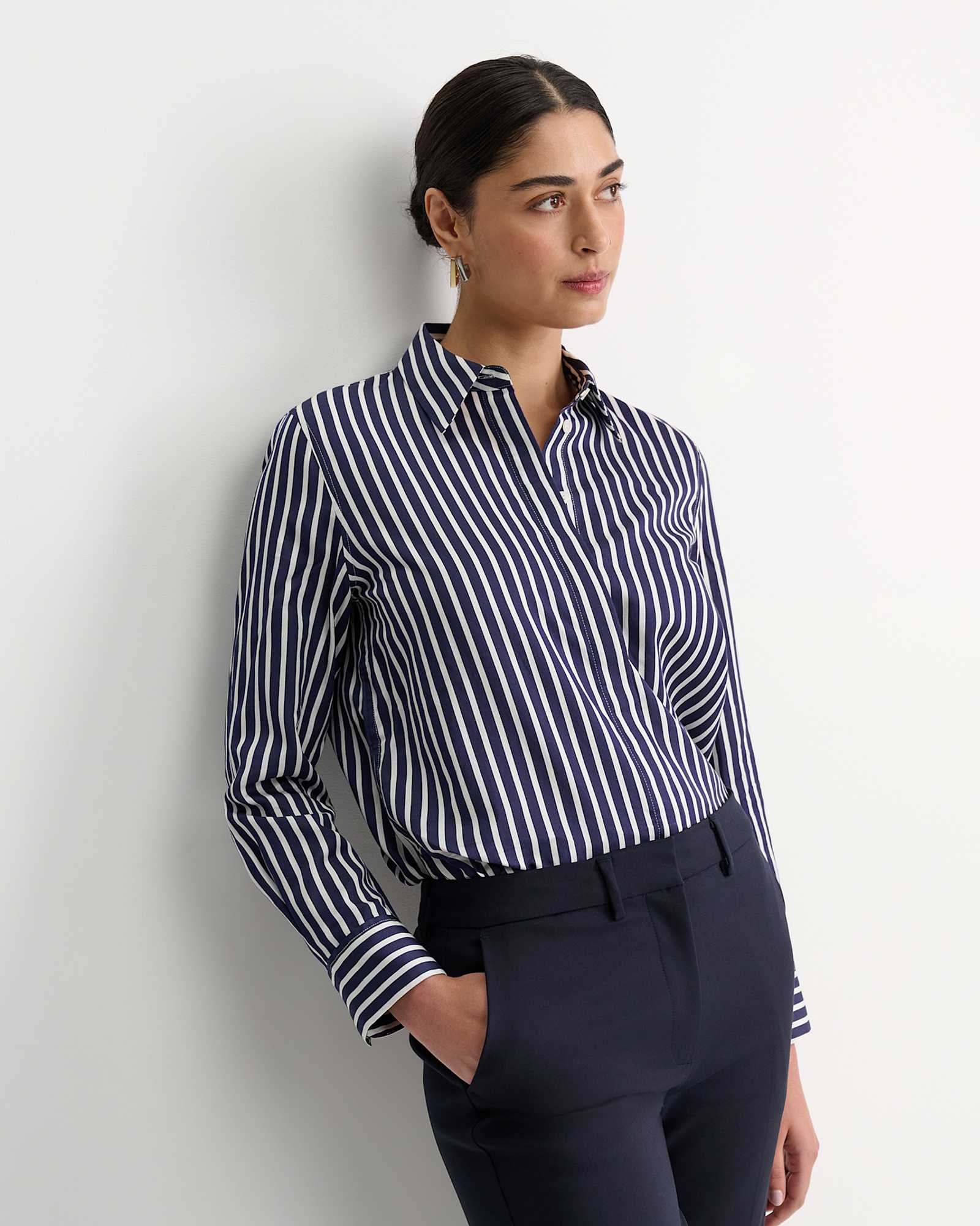 Hannah Stripe Cotton Silk Shirt in WHITE/NAVY