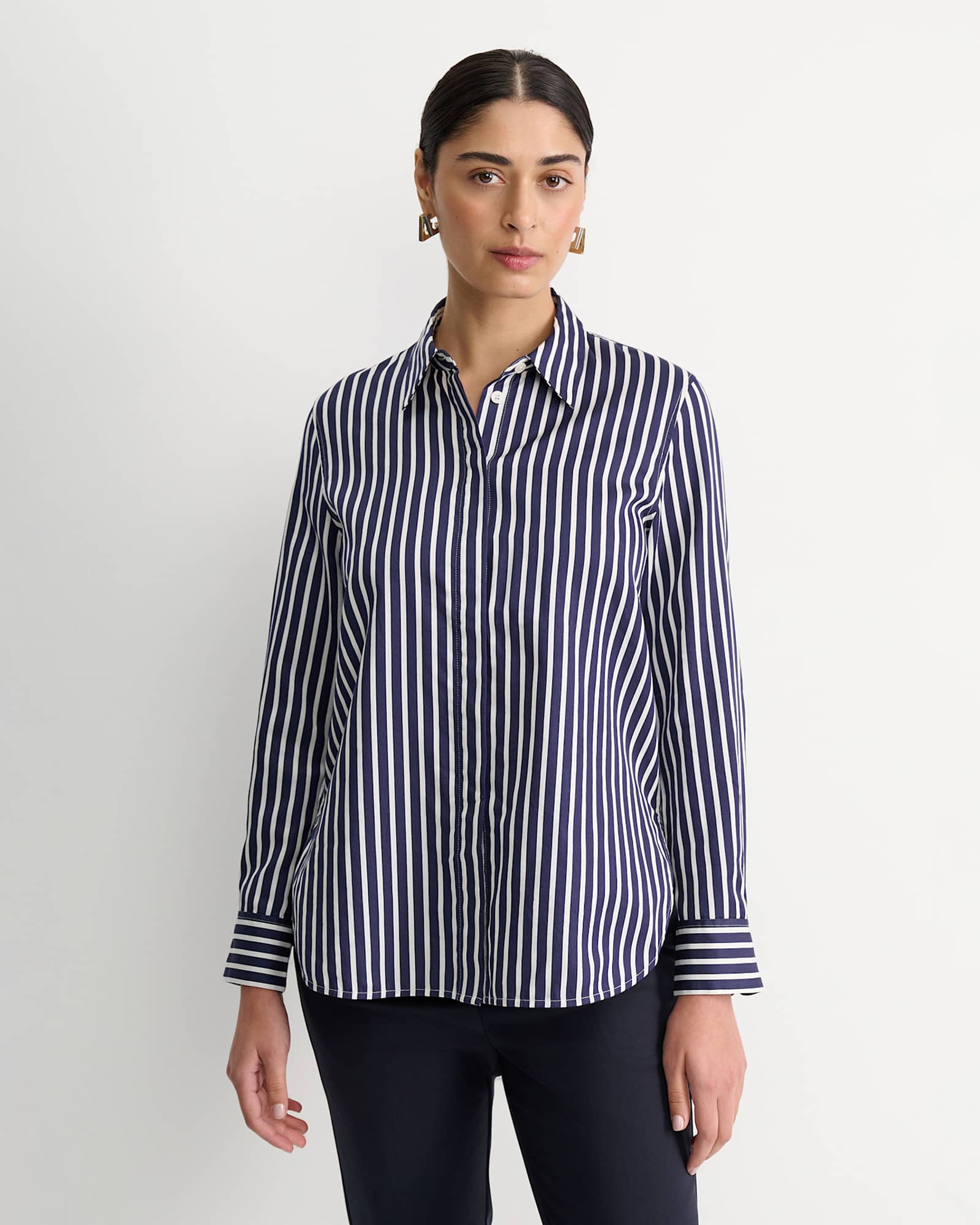 Hannah Stripe Cotton Silk Shirt in WHITE/NAVY