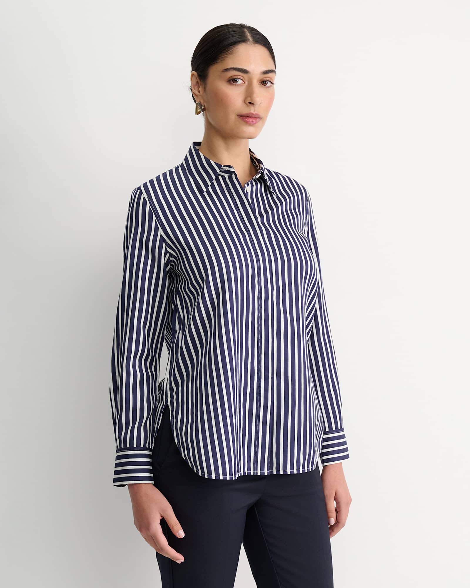 Hannah Stripe Cotton Silk Shirt in WHITE/NAVY