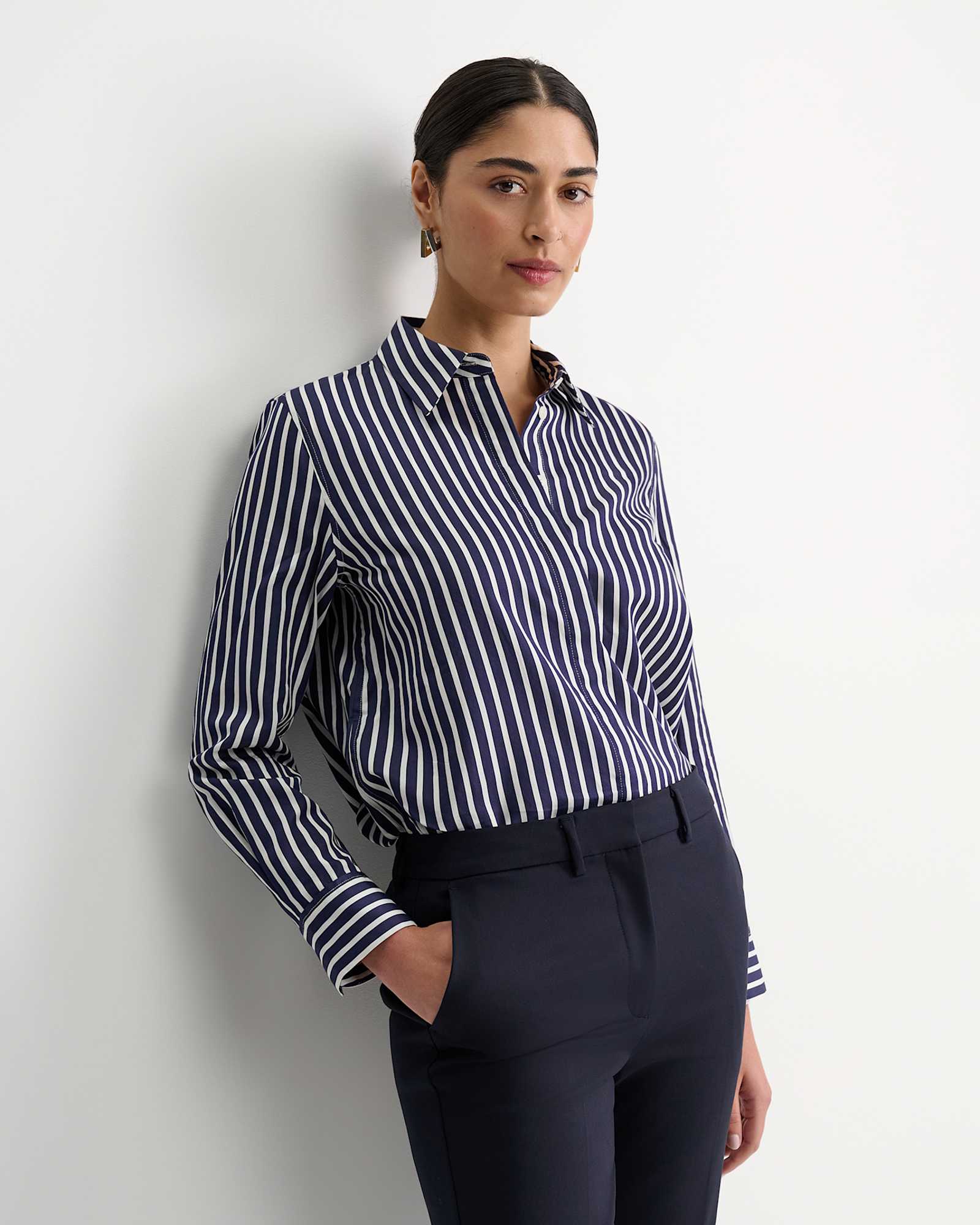 Hannah Stripe Cotton Silk Shirt in WHITE/NAVY