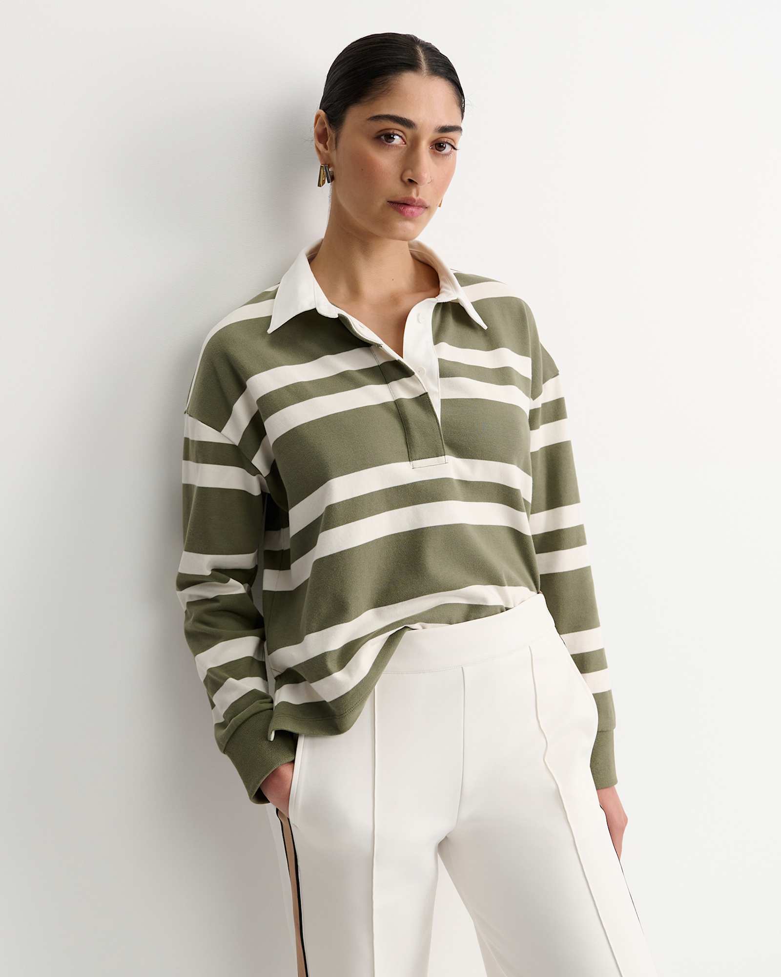Jane Cropped Rugby Shirt in KHAKI/WHITE