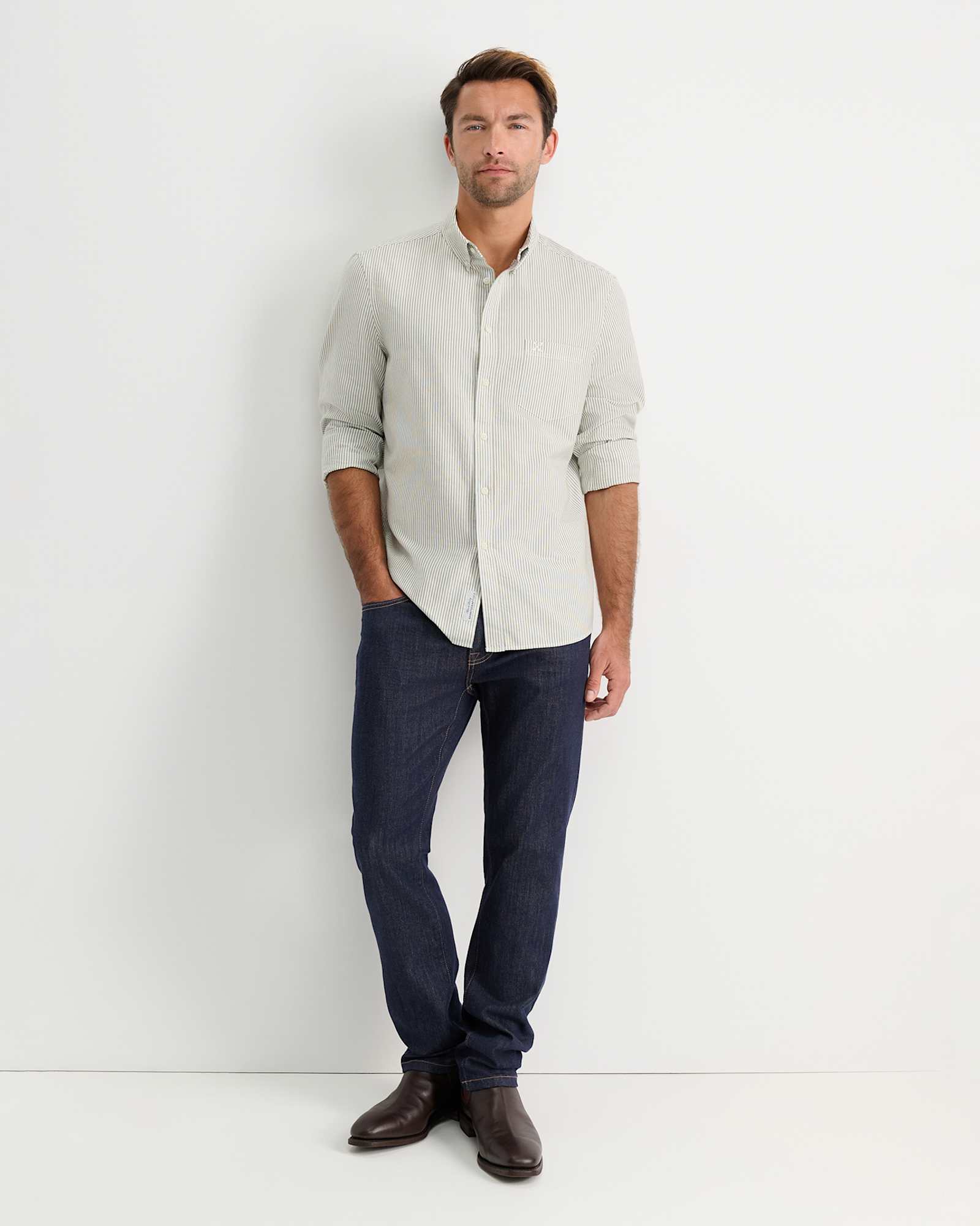 Oxford Stripe Long Sleeve Shirt in KHAKI