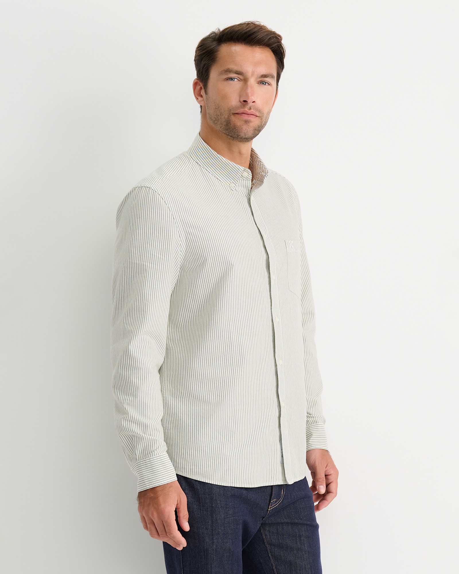 Oxford Stripe Long Sleeve Shirt in KHAKI