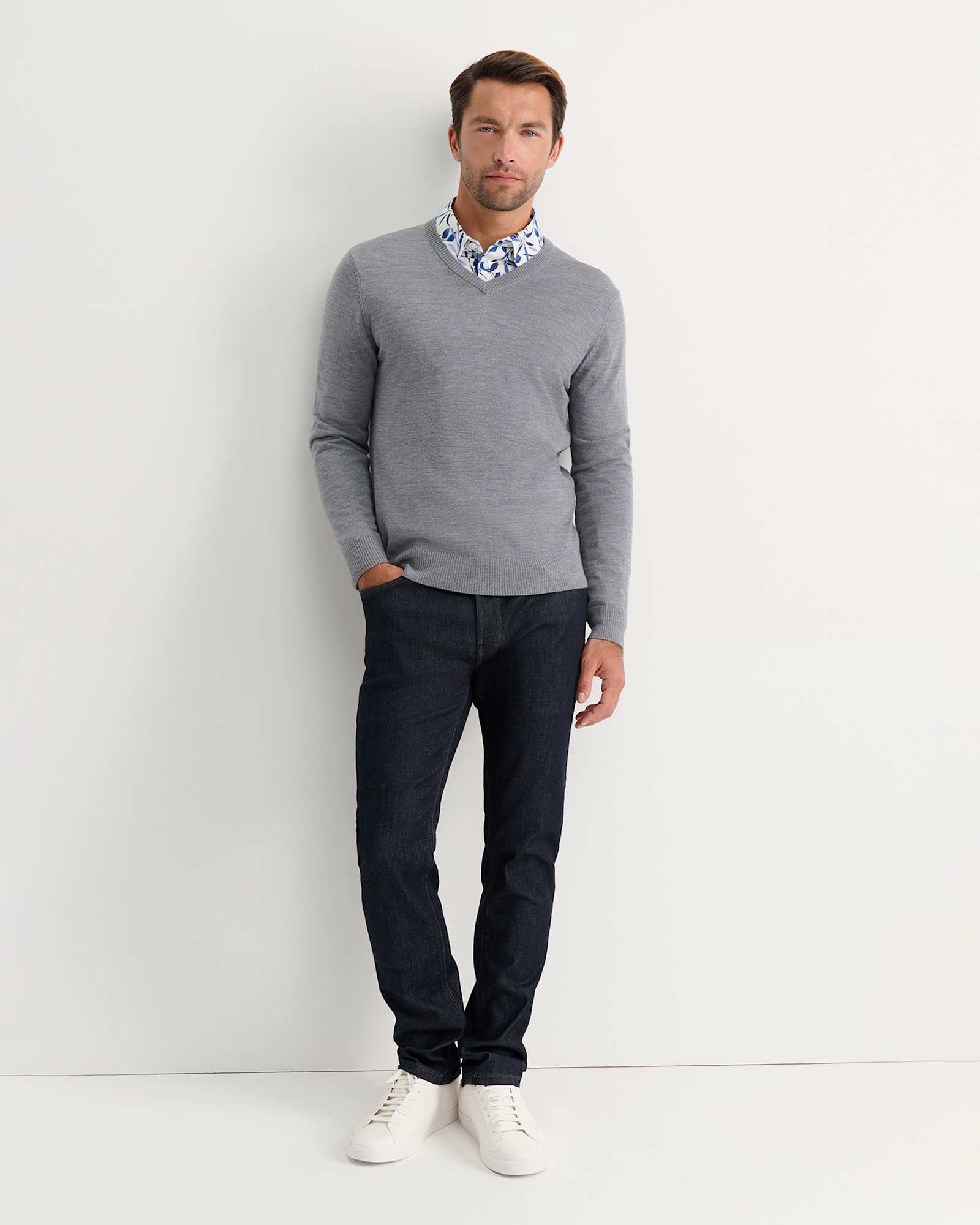 Merino V-Neck Knit in CHARCOAL MELANGE