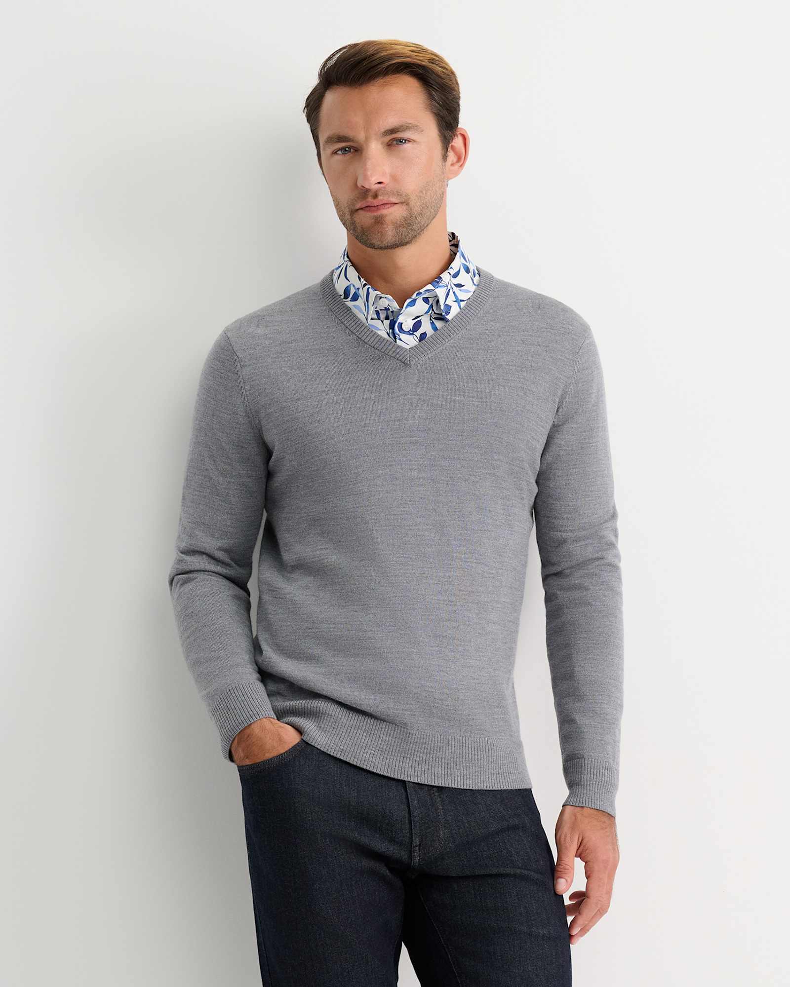 Merino V-Neck Knit in CHARCOAL MELANGE